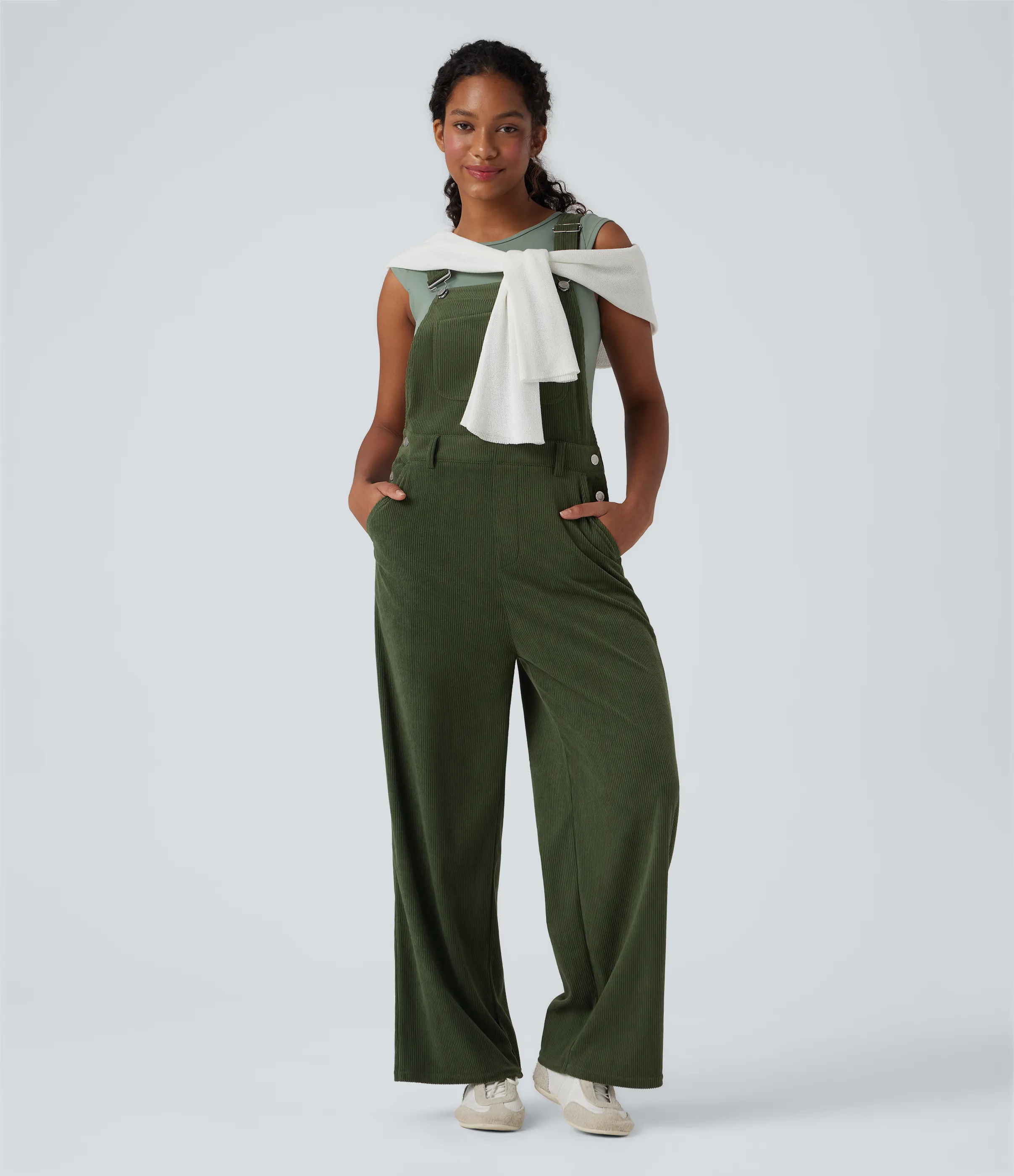 Halara Jumpsuit casual de pana con pierna recta y bolsillos - Rifle Green - XL(regular) sold by Halara