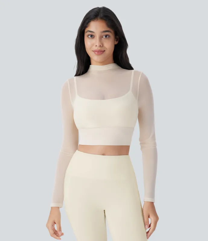 Halara Top deportivo yoga 2 en 1 manga larga malla contrastante - Pearled Ivory - XL sold by Halara