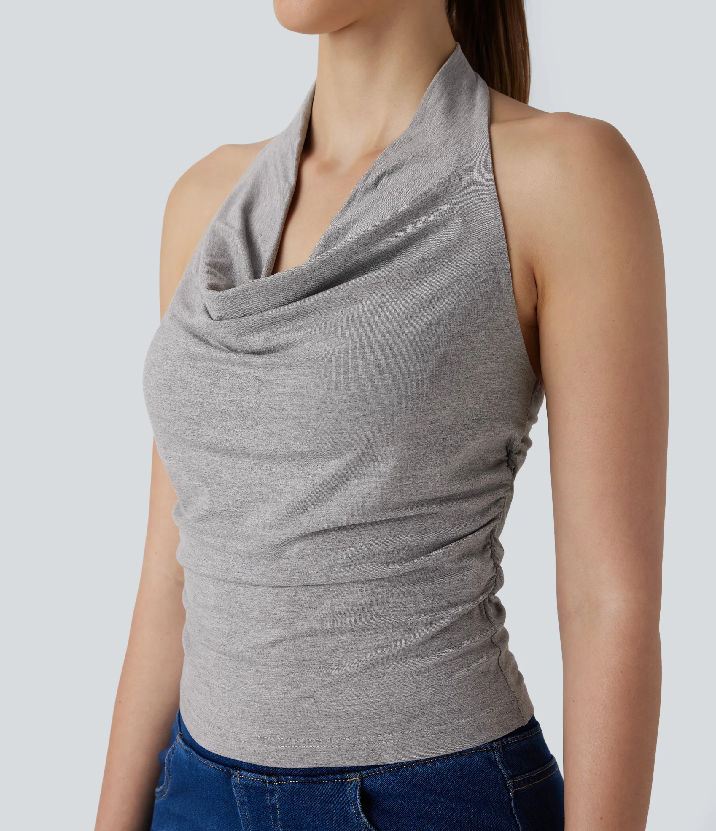 Halara Top sin manga fruncido sin espalda cuello vuelto halter - Fog Gray - S sold by Halara