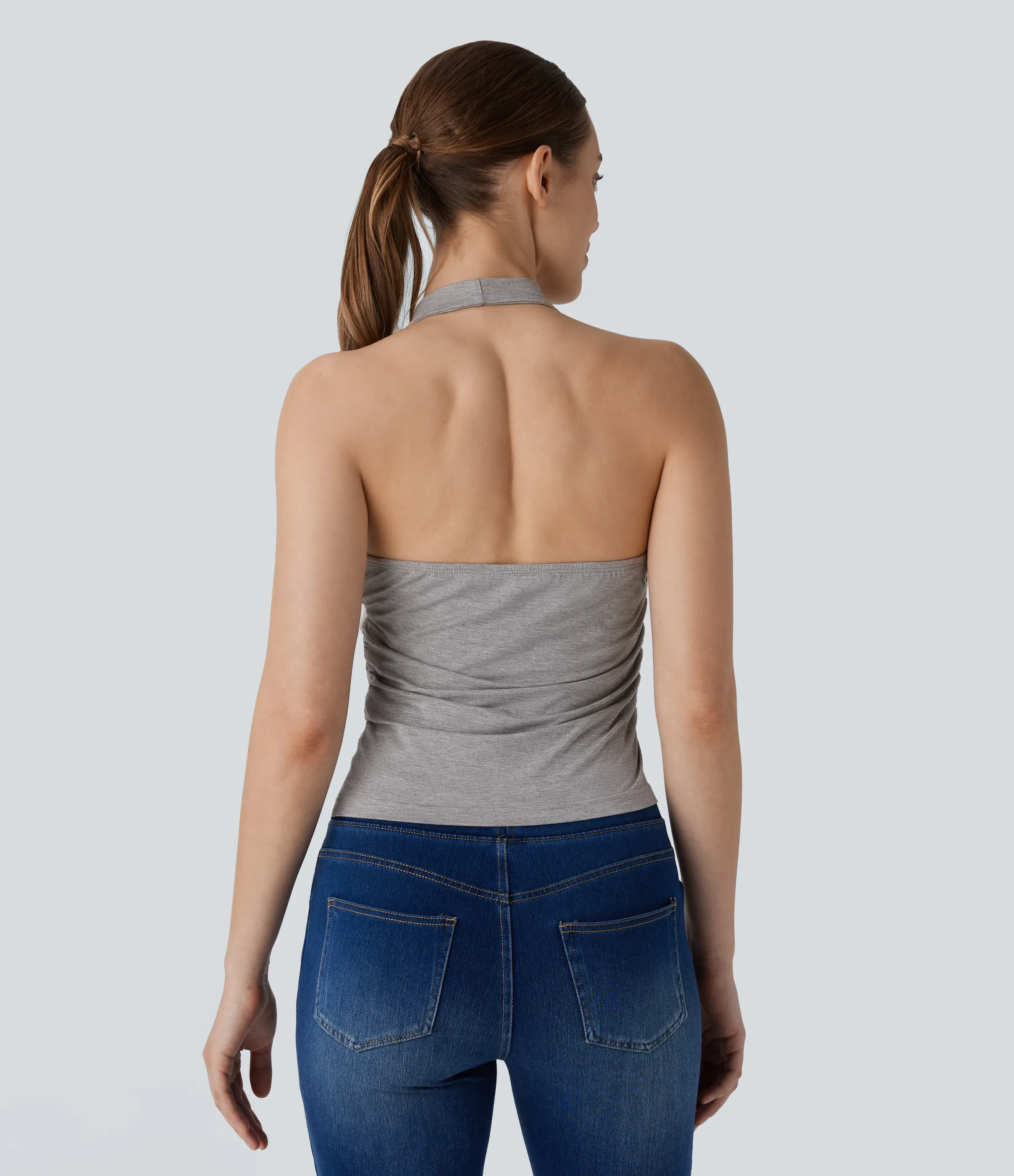 Halara Top sin manga fruncido sin espalda cuello vuelto halter - Fog Gray - S sold by Halara product image thumbnail 3