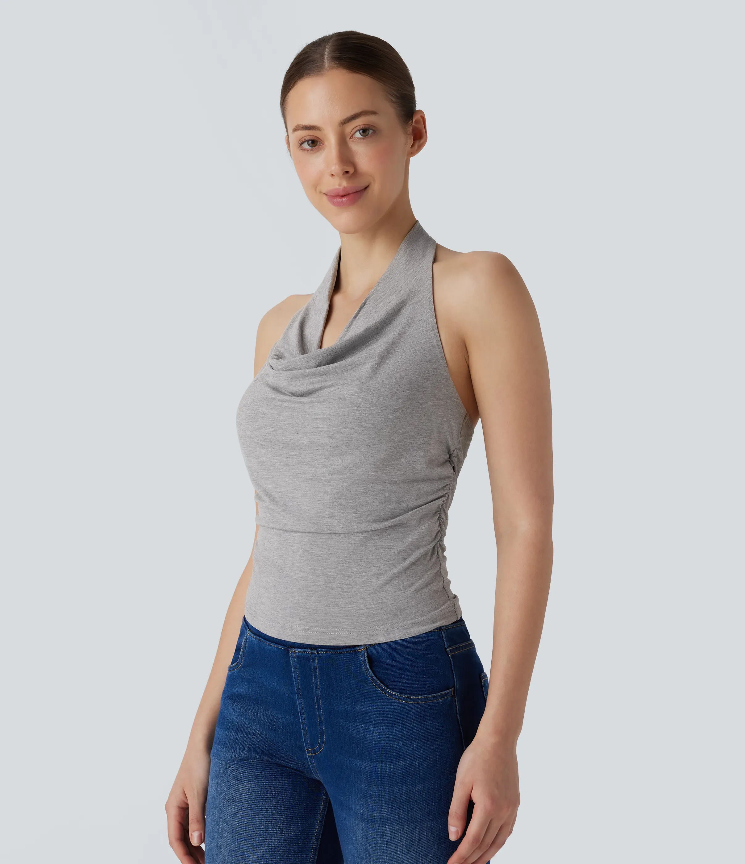 Halara Top sin manga fruncido sin espalda cuello vuelto halter - Fog Gray - S sold by Halara product image thumbnail 4