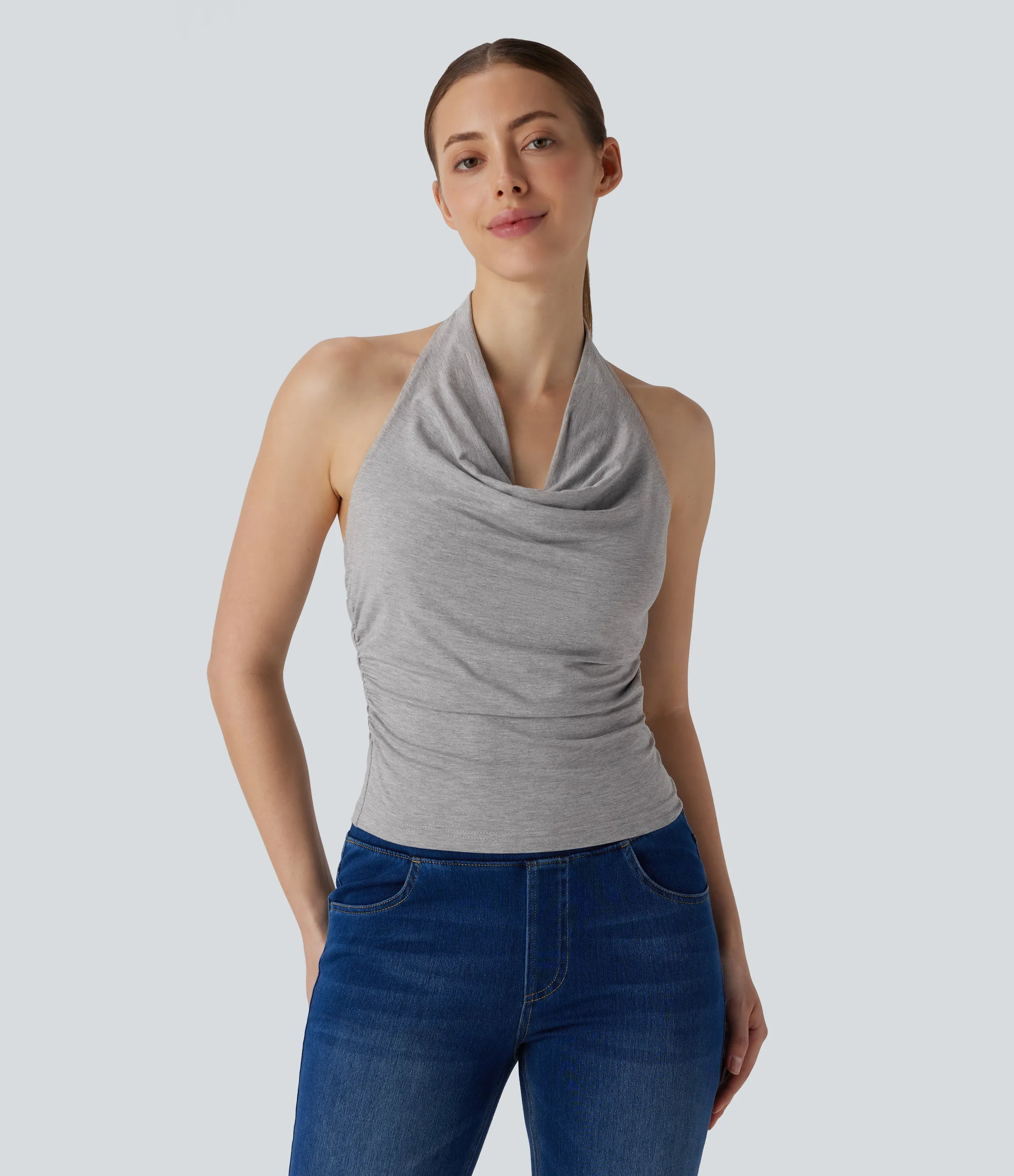 Halara Top sin manga fruncido sin espalda cuello vuelto halter - Fog Gray - S sold by Halara product image thumbnail 5