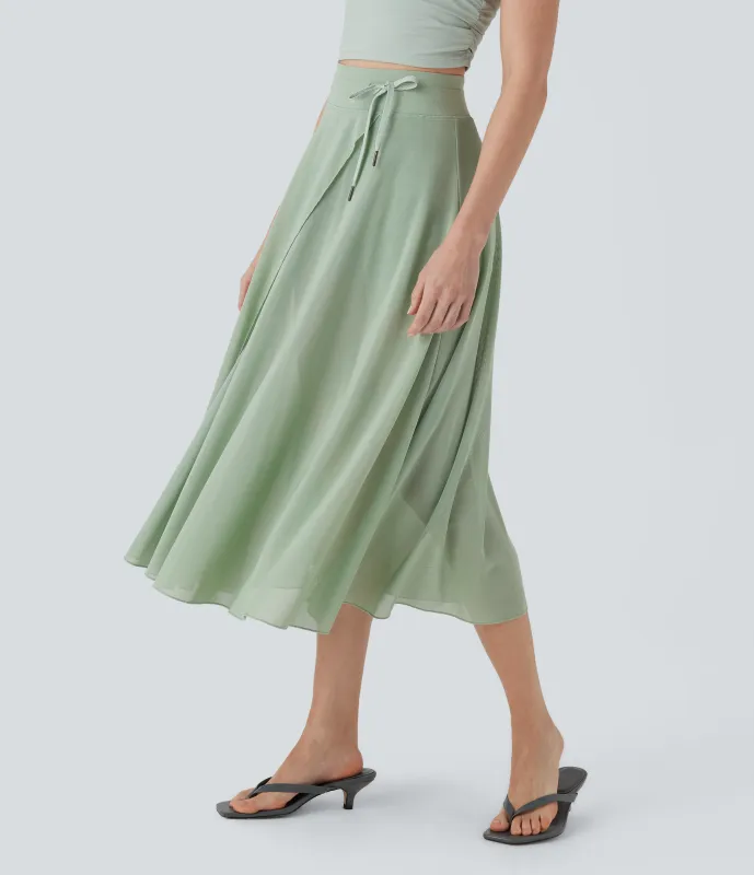 Halara Falda midi casual 2 en 1 acampanada con bolsillo lateral de tiro alto con cordón y malla en contraste - Iceberg Green - S sold by Halara