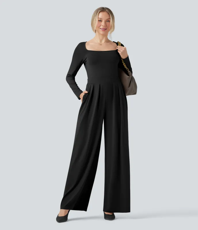 Halara Jumpsuit casual de pierna ancha y manga larga con cuello en U y bolsillos - Black - S(regular) made by Halara