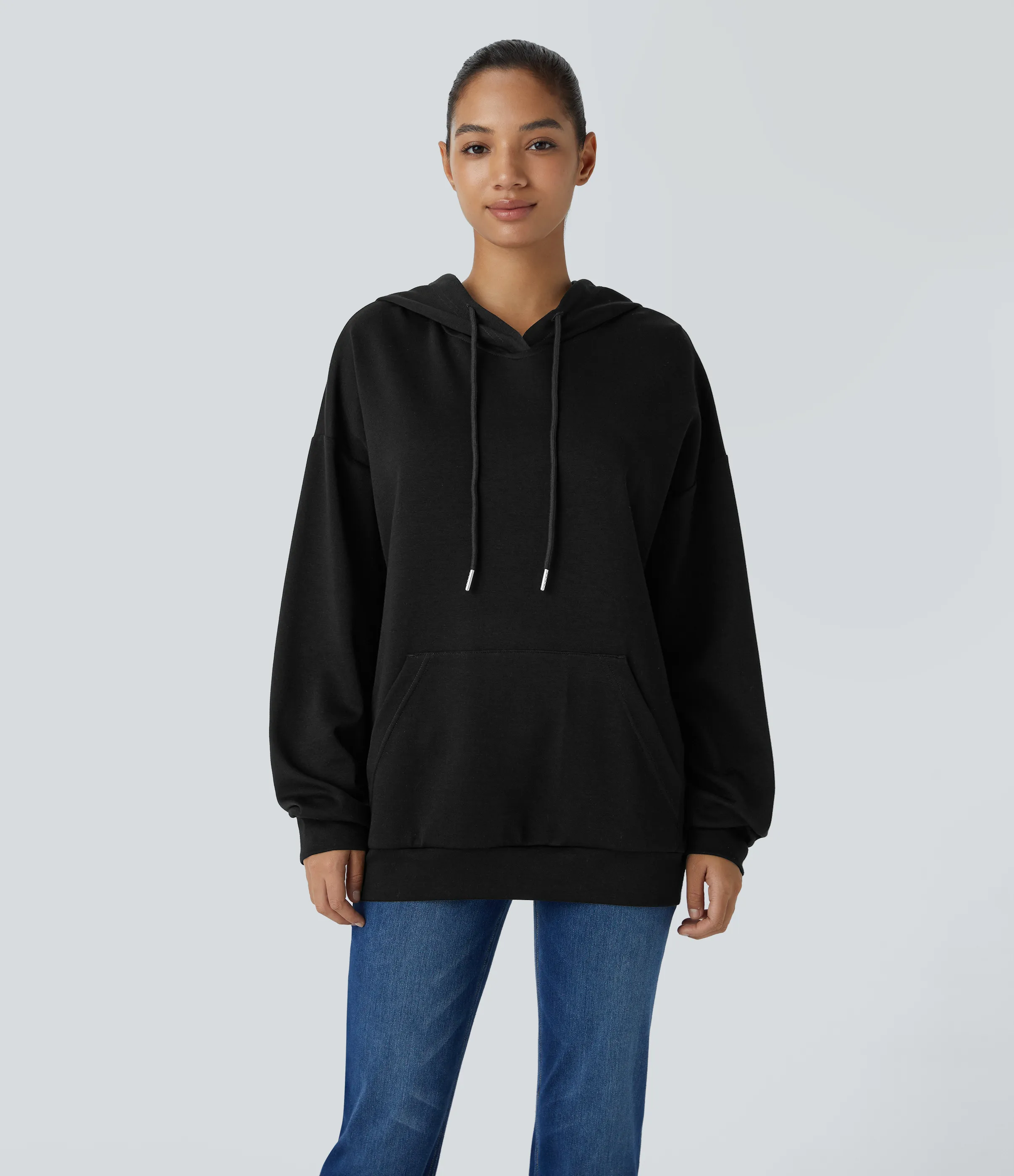 Halara Sudadera capucha cordón ajustable manga larga bolsillo canguro abertura cruzada - Black - L sold by Halara product image thumbnail 3