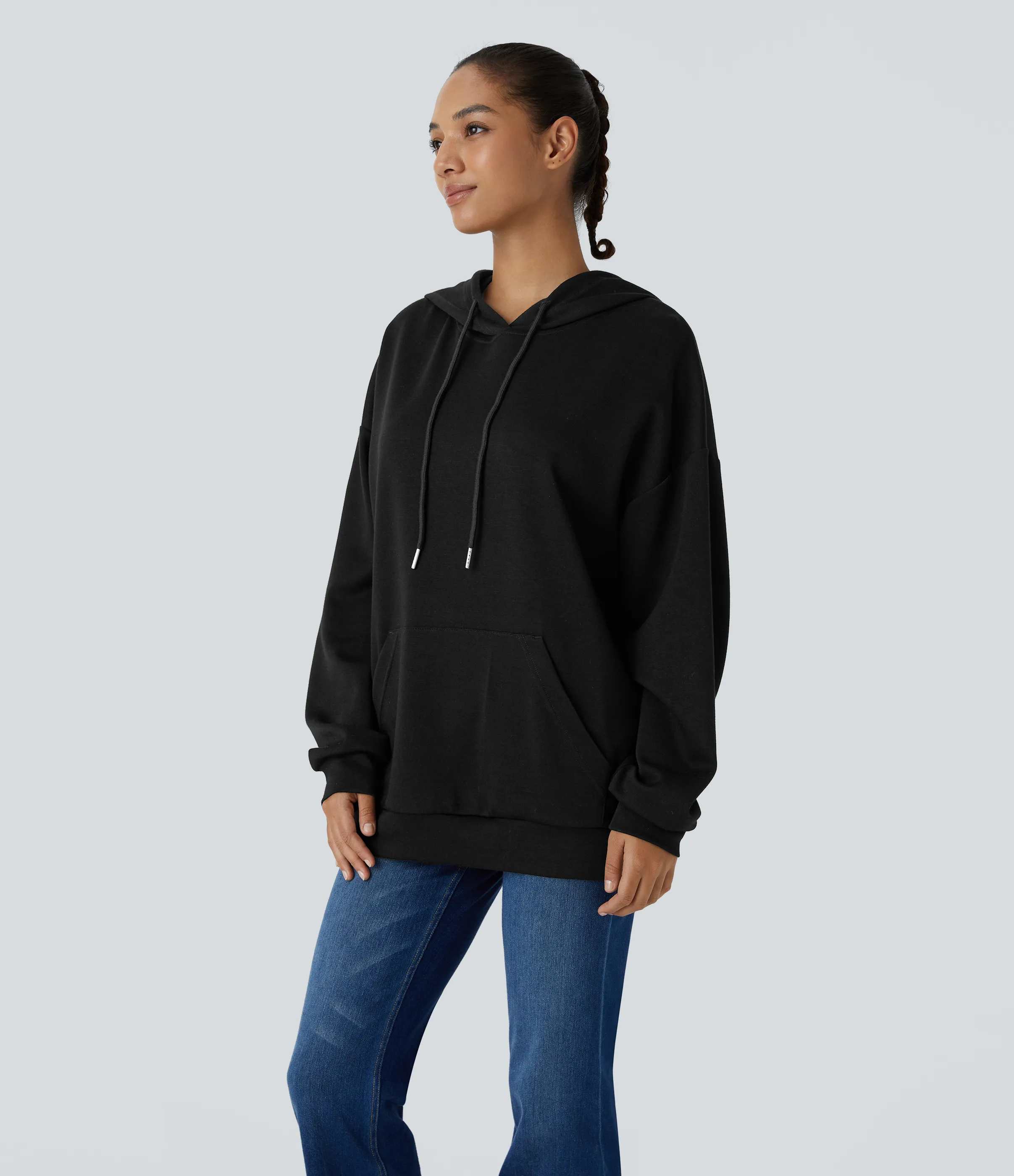 Halara Sudadera capucha cordón ajustable manga larga bolsillo canguro abertura cruzada - Black - L sold by Halara product image thumbnail 4