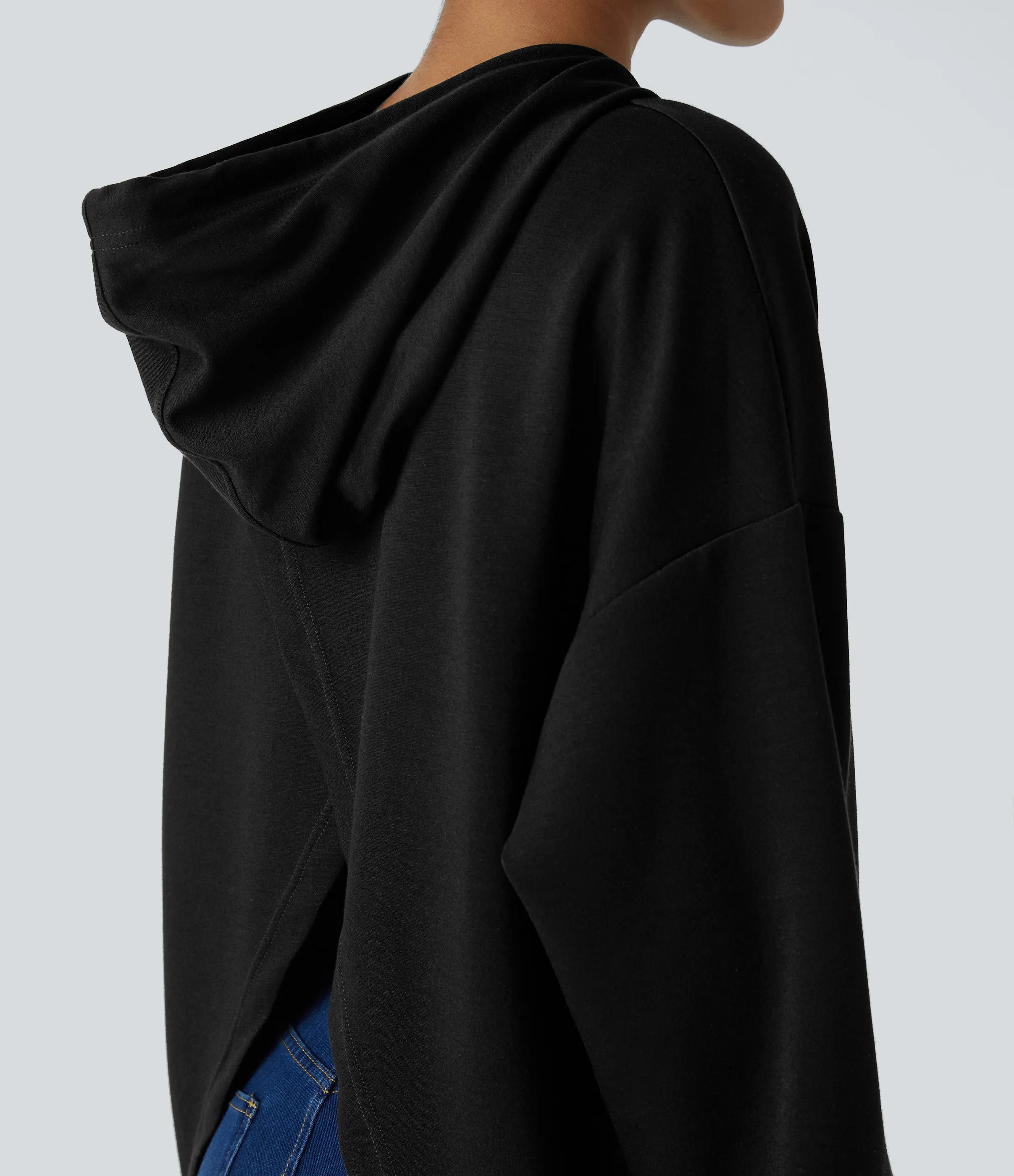 Halara Sudadera capucha cordón ajustable manga larga bolsillo canguro abertura cruzada - Black - L sold by Halara product image thumbnail 5