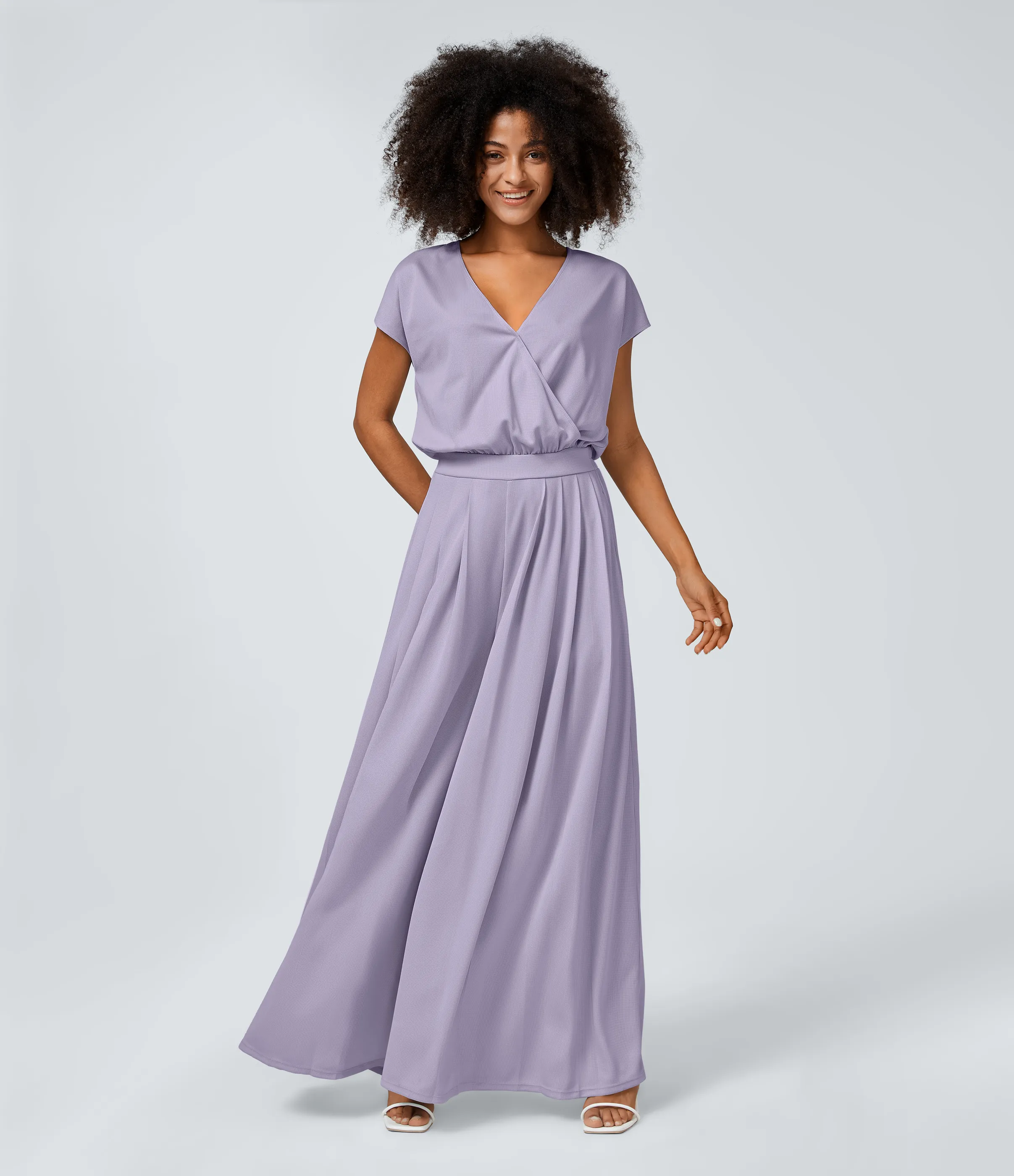 Halara Mono cuello V manga corta bolsillo lateral plisado pierna ancha - Mashed Taro purple - L(regular) sold by Halara product image thumbnail 2