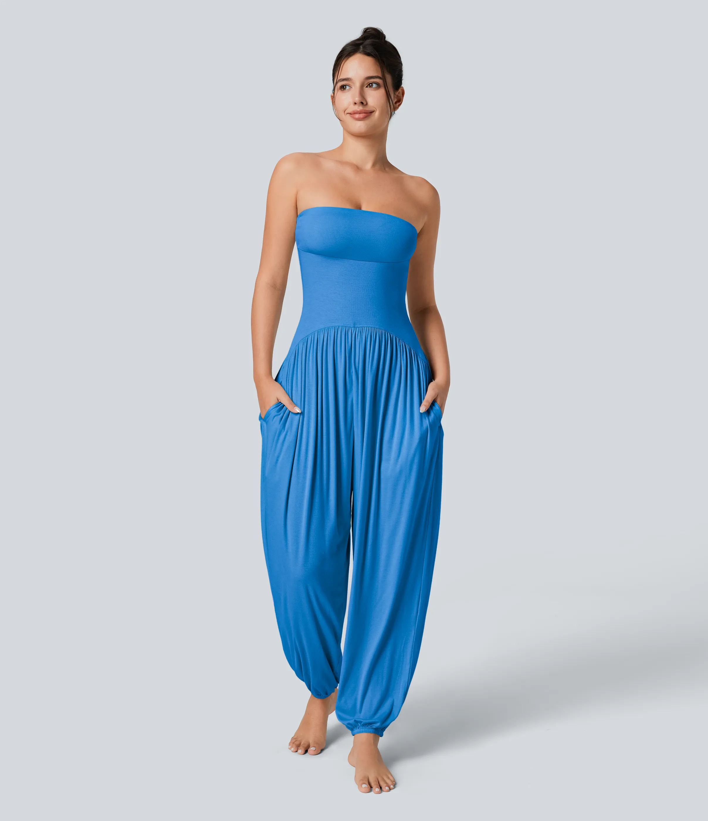 Halara Mono bolsillo lateral plisado sin espalda tubo acanalado - Clear Sunny Blue - M(regular) sold by Halara