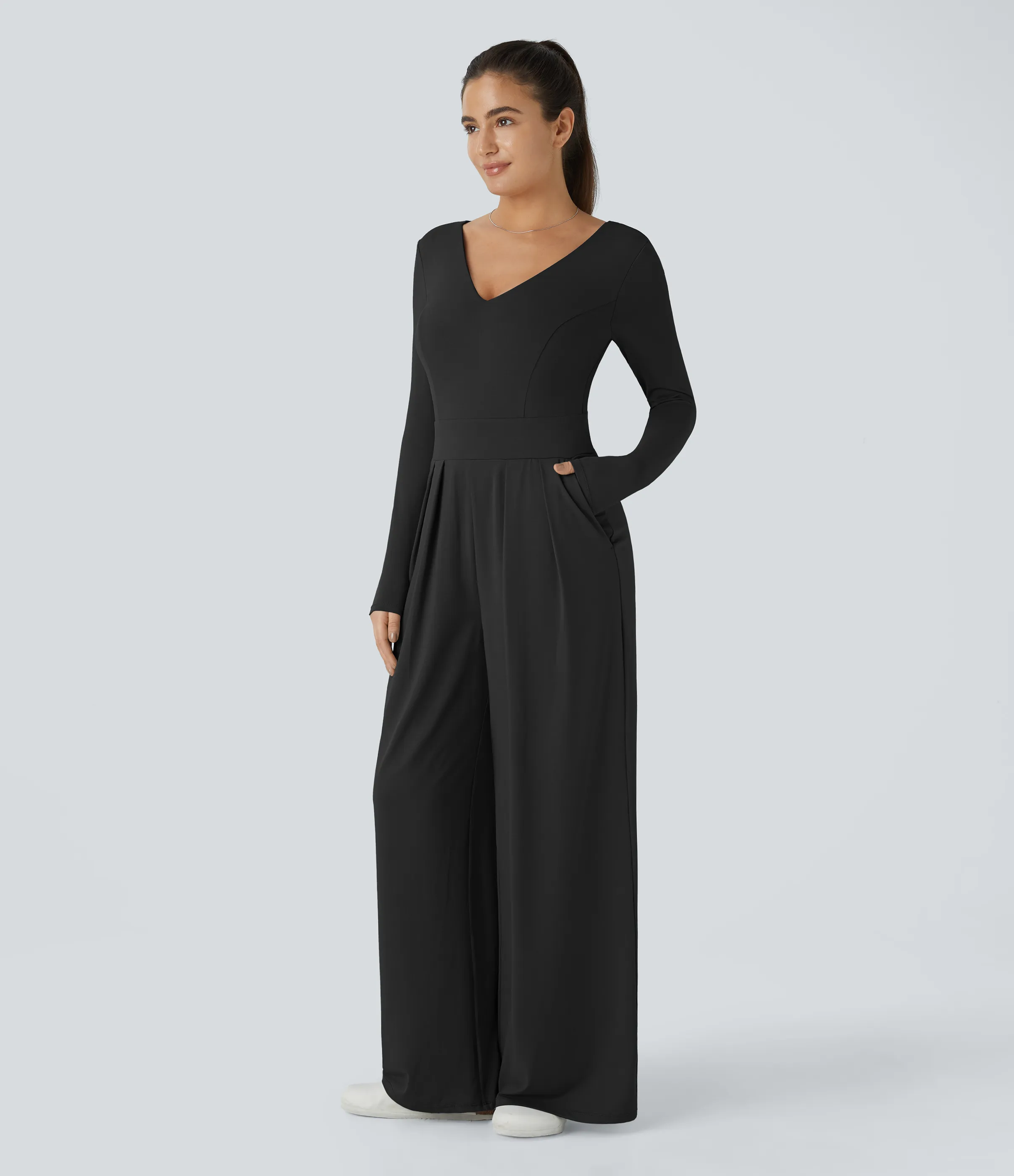 Halara Mono cuello V sin espalda manga larga bolsillo lateral plisado pierna ancha - Black - L(regular) sold by Halara product image thumbnail 4