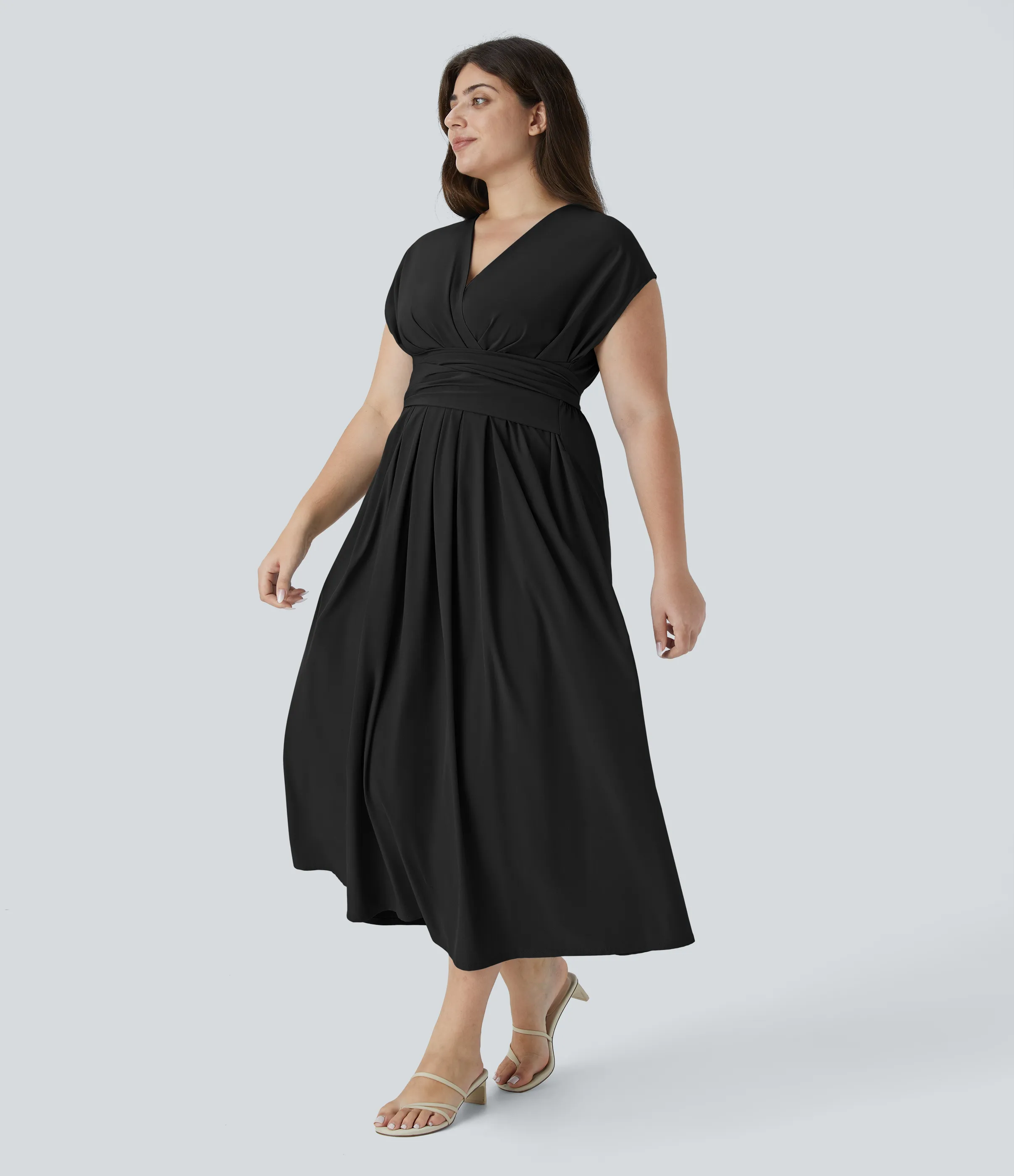 Halara Vestido midi Breezeful™ talla grande cuello V manga corta bolsillo lateral lazo espalda secado rápido - Black - 2X sold by Halara product image thumbnail 4