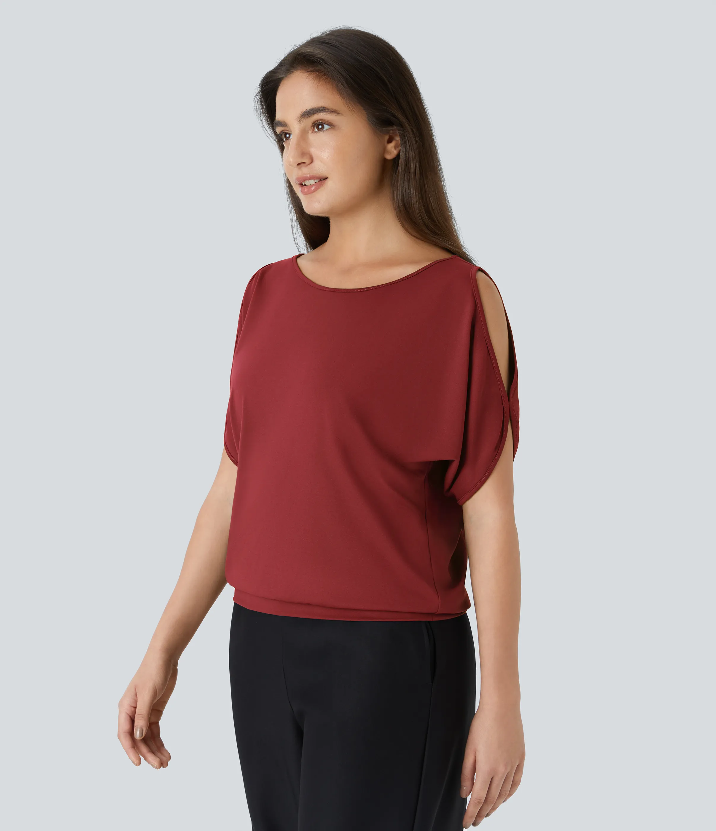 Halara Camiseta abertura manga corta cuello barco - Red Dahlia - S sold by Halara product image thumbnail 4