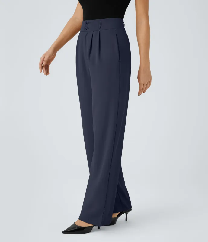 Halara Pantalón oficina tiro alto botón cremallera bolsillo lateral fruncido pierna recta - Black Iris - M(regular) sold by Halara