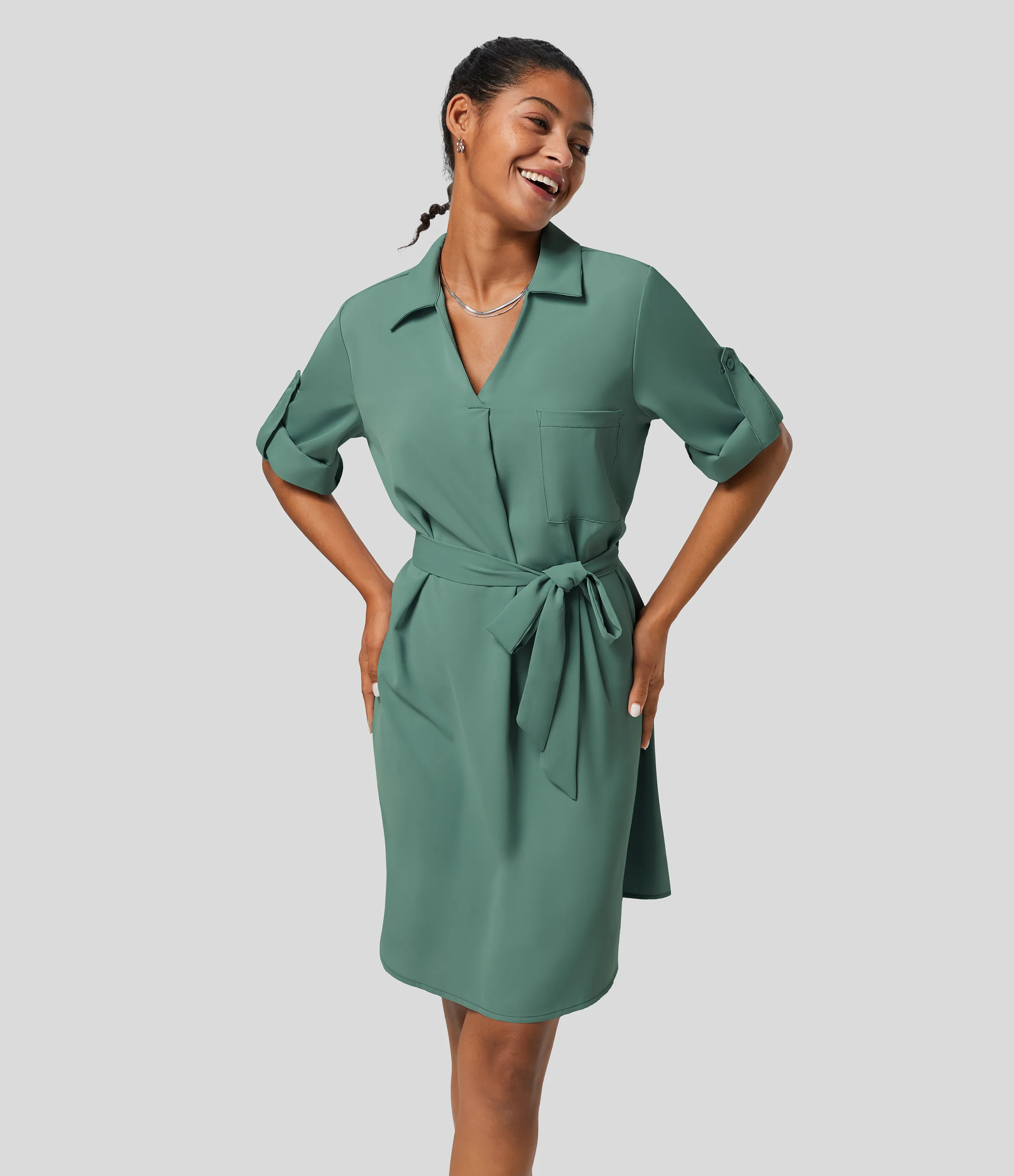 Halara Vestido camisero oficina midi cinturón manga enrollada cuello - Crème de Menthe - L sold by Halara product image thumbnail 5