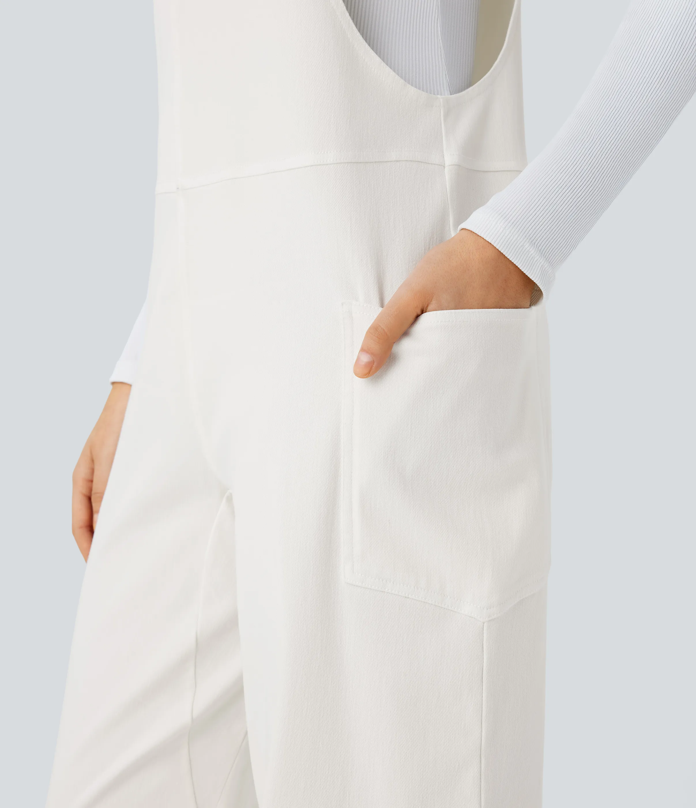 Halara Overol Halara Flex™ Denim mezclilla elástico lavado bolsillo lateral cuello V - White Wood Denim - XL(petite) sold by Halara product image thumbnail 5