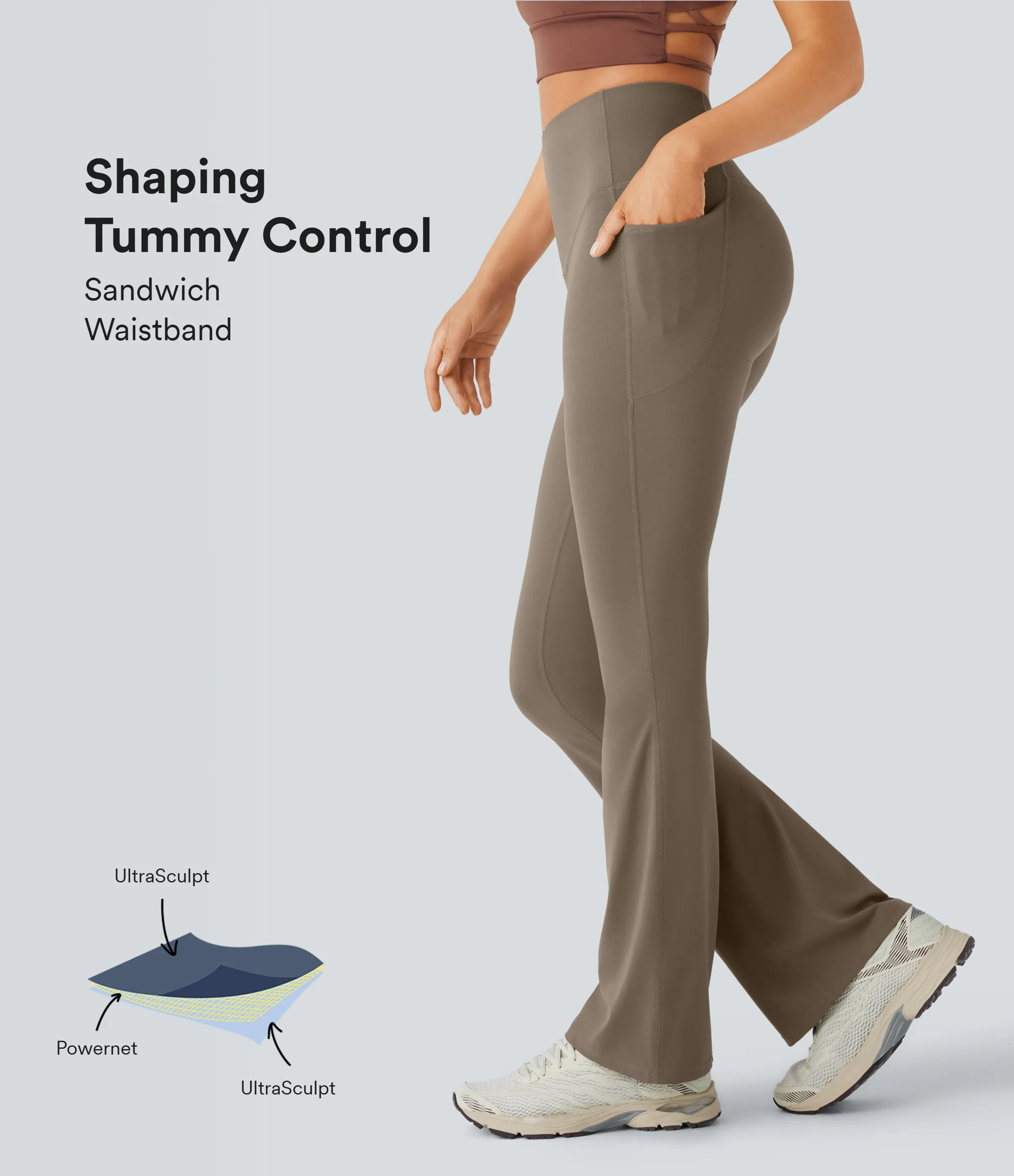Halara Leggings SoCinched UltraSculpt yoga Bootcut tiro alto control abdomen bolsillo lateral moldeador - Dawn Brown - XL(petite) sold by Halara