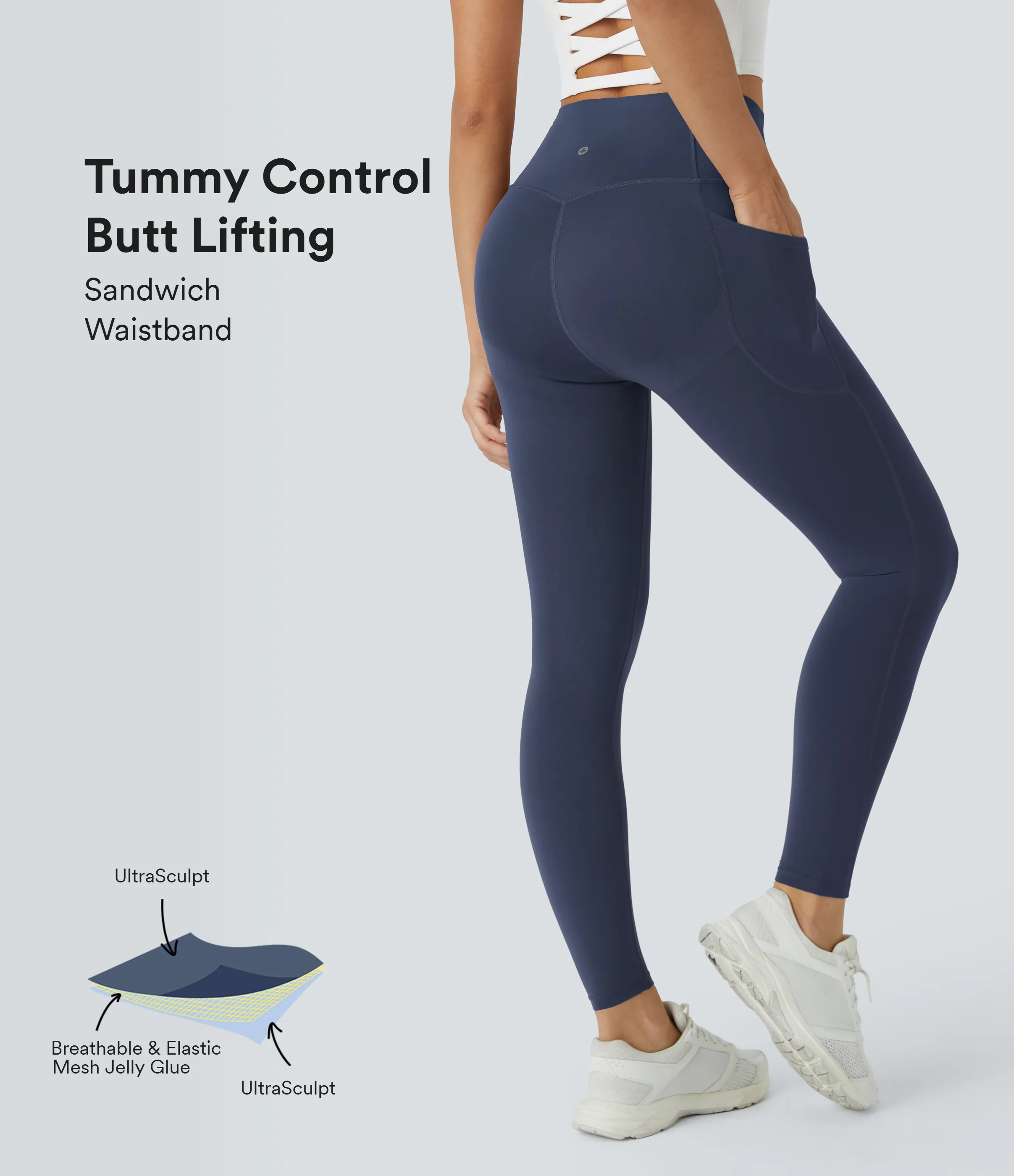 Halara Leggings SoCinched UltraSculpt tiro alto realce glúteos control abdomen bolsillo lateral moldeador - Mood Indigo - L(7/8) sold by Halara