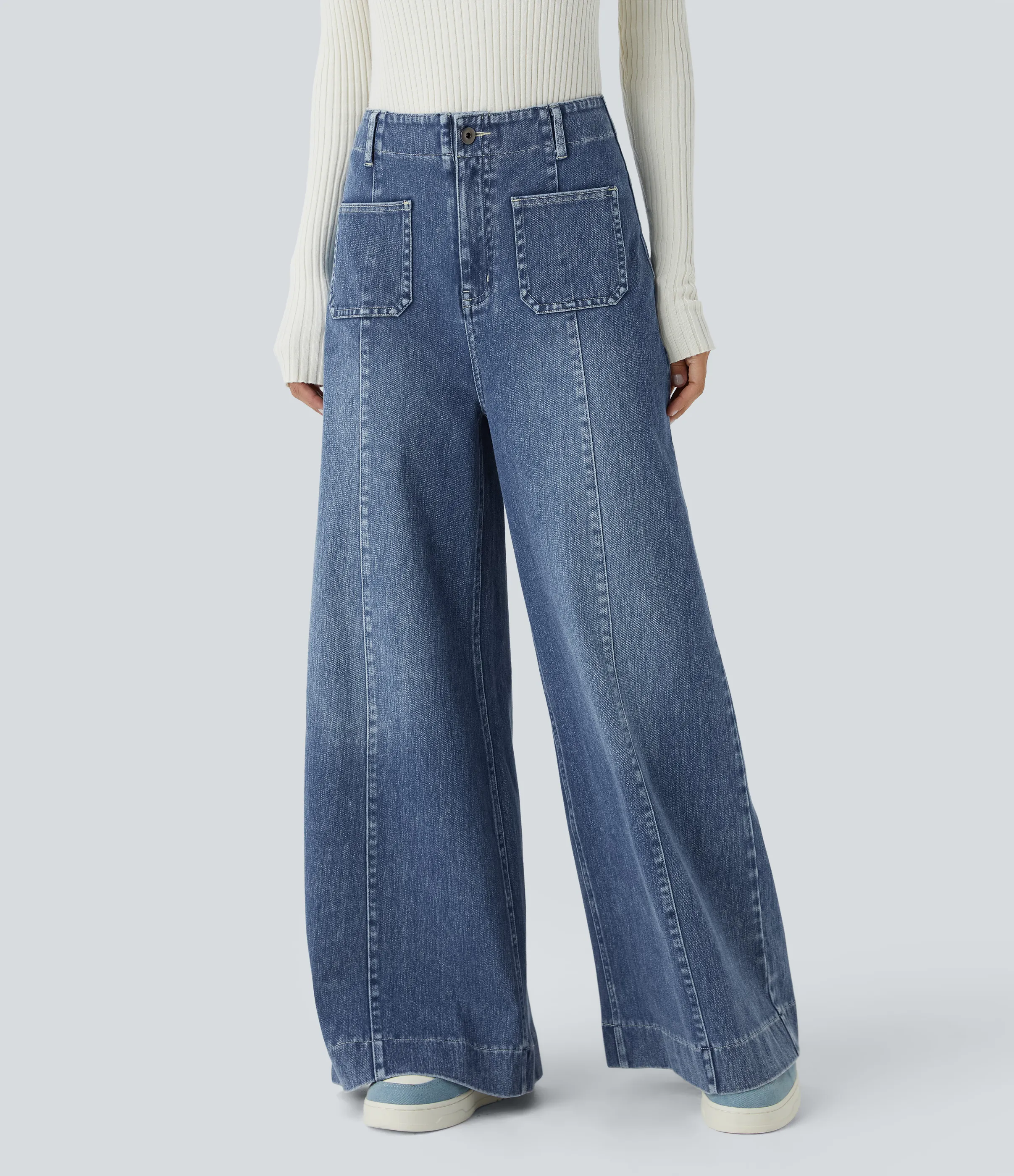 Halara Jeans Halara Flex™ Denim pierna ancha elástico lavado bolsillo delantero tiro alto - Orchid Blue Denim - S(regular) sold by Halara