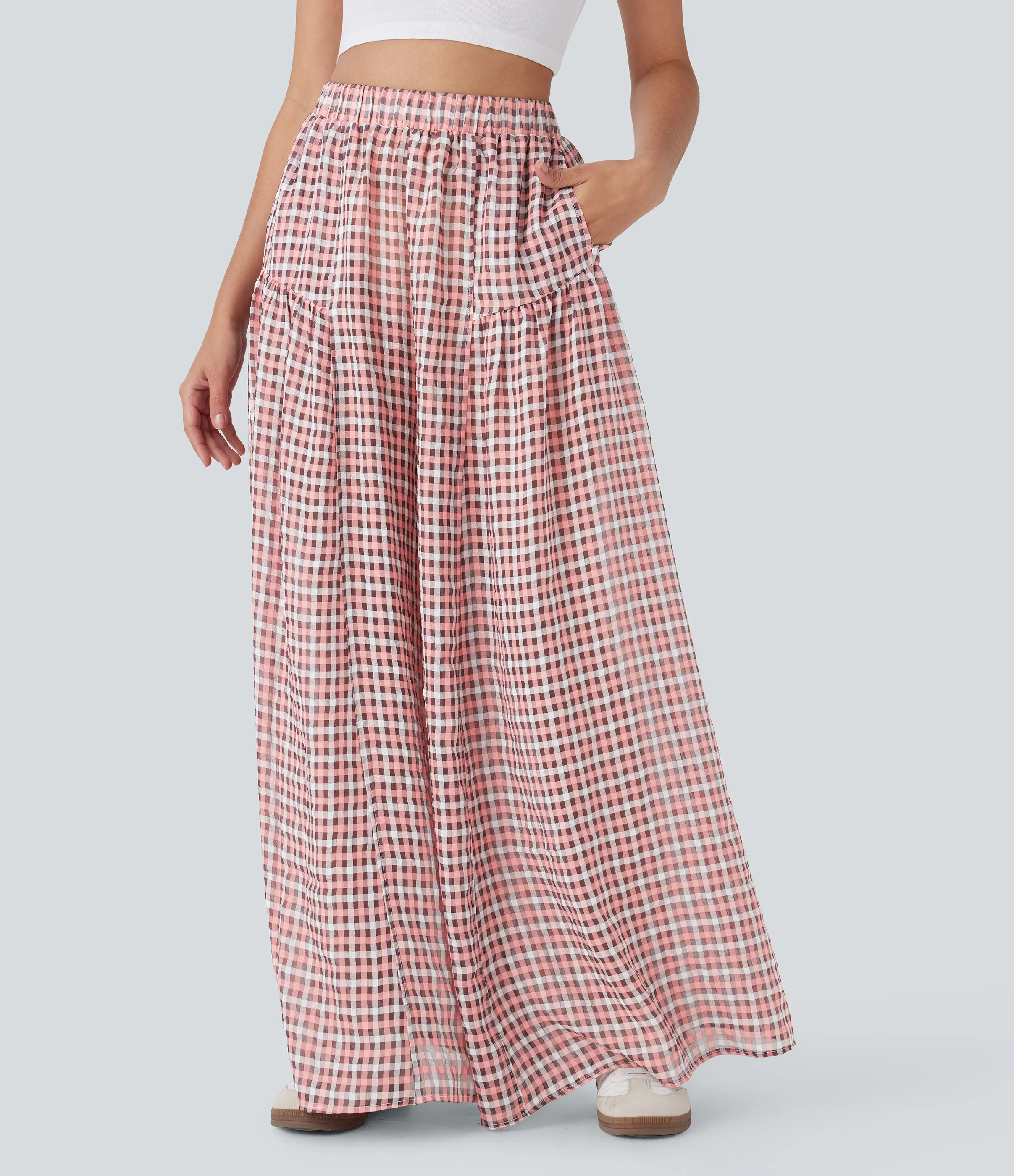 Halara Pantalón cuadro holgado pierna ancha bolsillo lateral tiro alto - Pink White Gradient Plaid - XS(regular) sold by Halara product image thumbnail 4