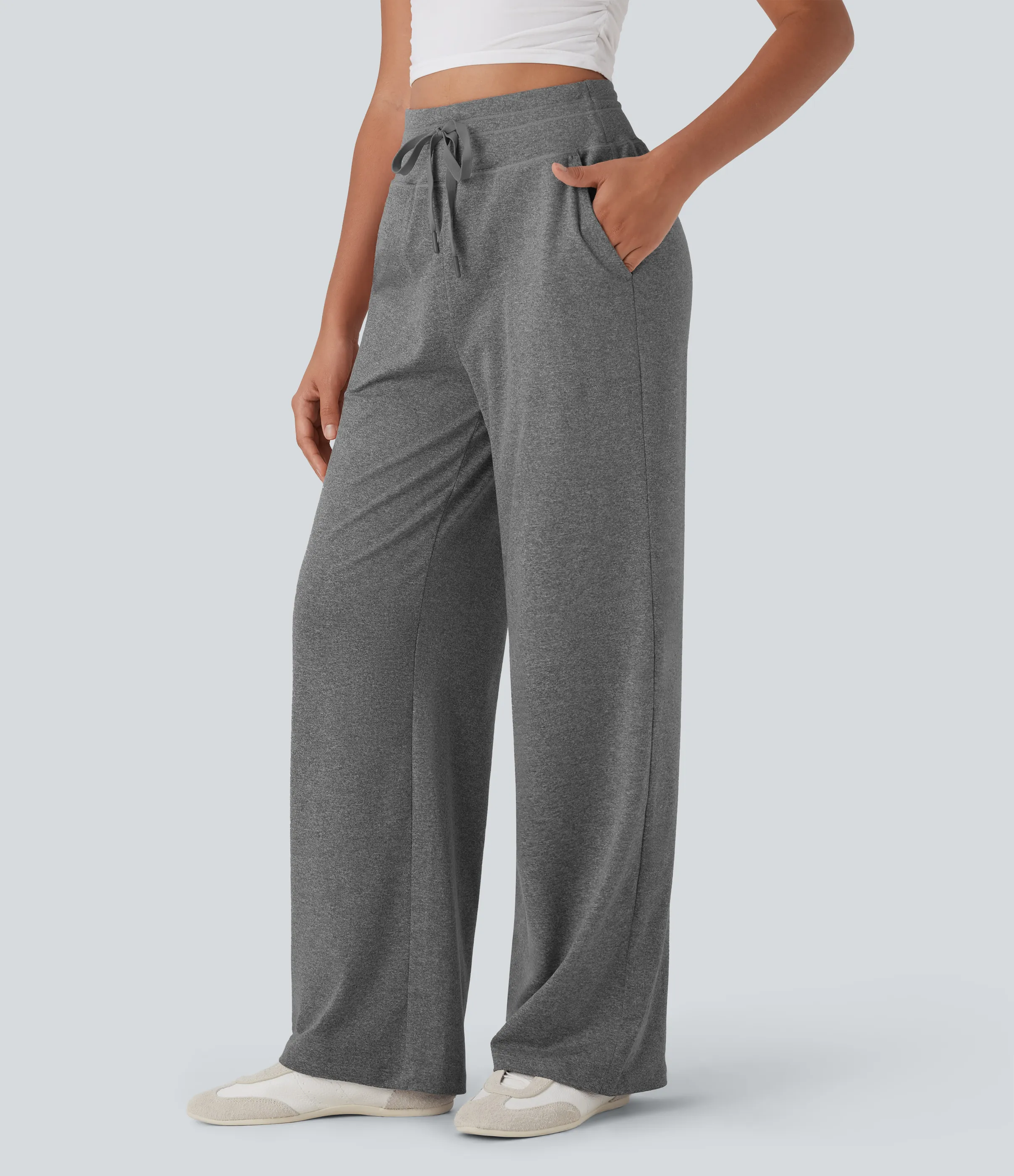 Halara Pantalones anchos casuales de tiro alto con cordón y bolsillos laterales - Mottled Light Grey - XS(regular) sold by Halara product image thumbnail 2