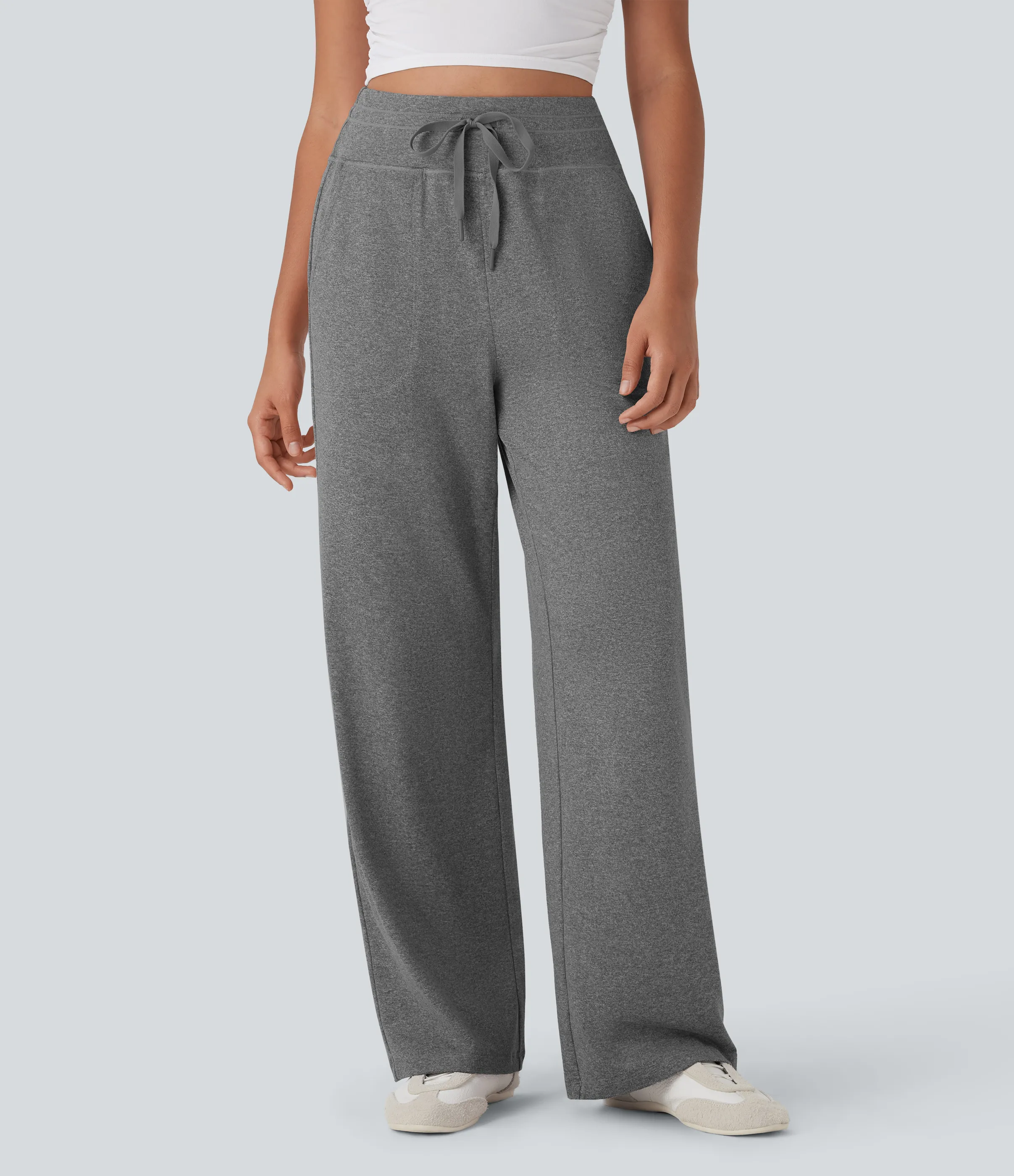 Halara Pantalones anchos casuales de tiro alto con cordón y bolsillos laterales - Mottled Light Grey - XS(regular) sold by Halara product image thumbnail 4