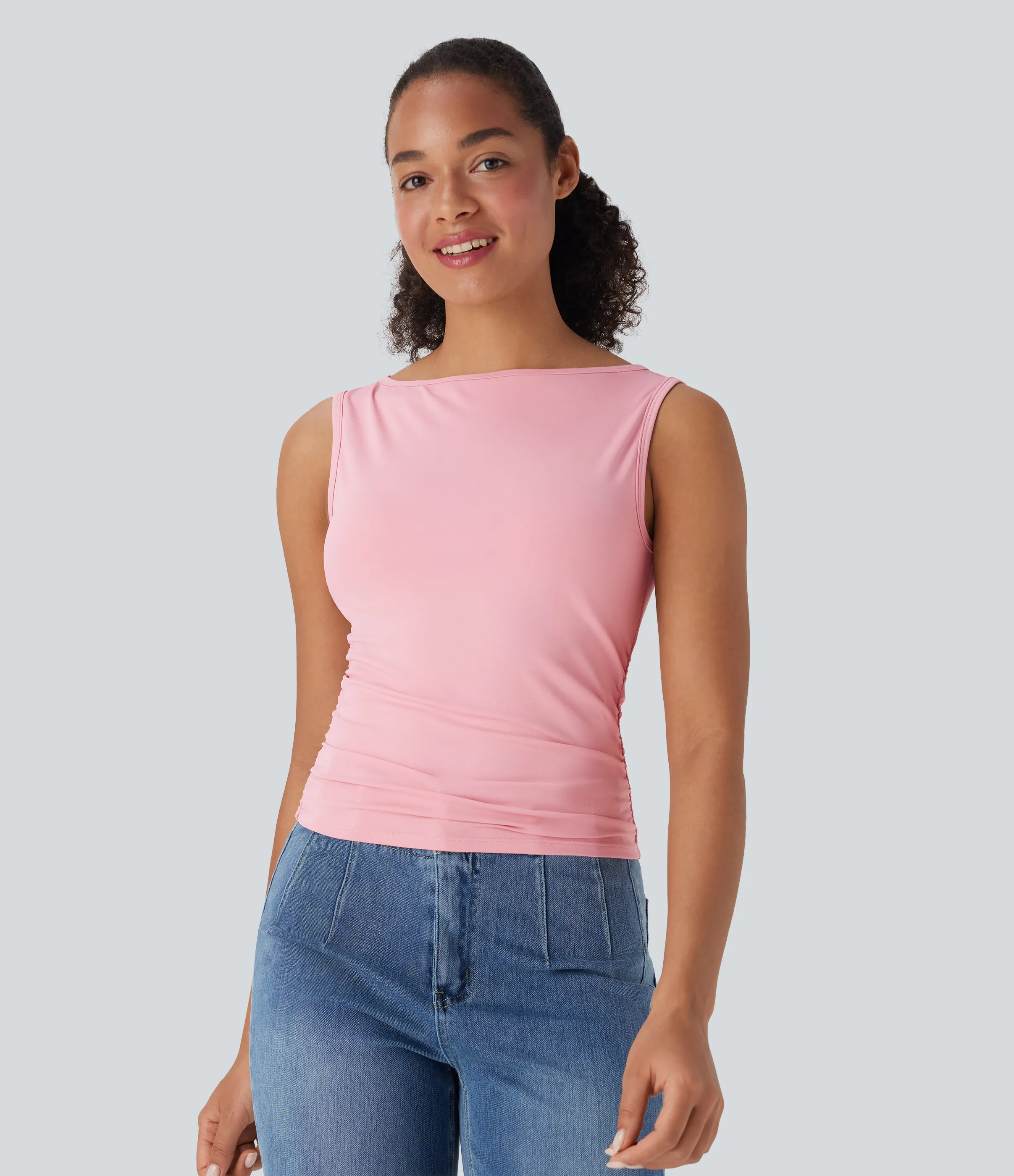 Halara Top casual fruncido sin mangas con cuello barco - Almond Blossom - L sold by Halara