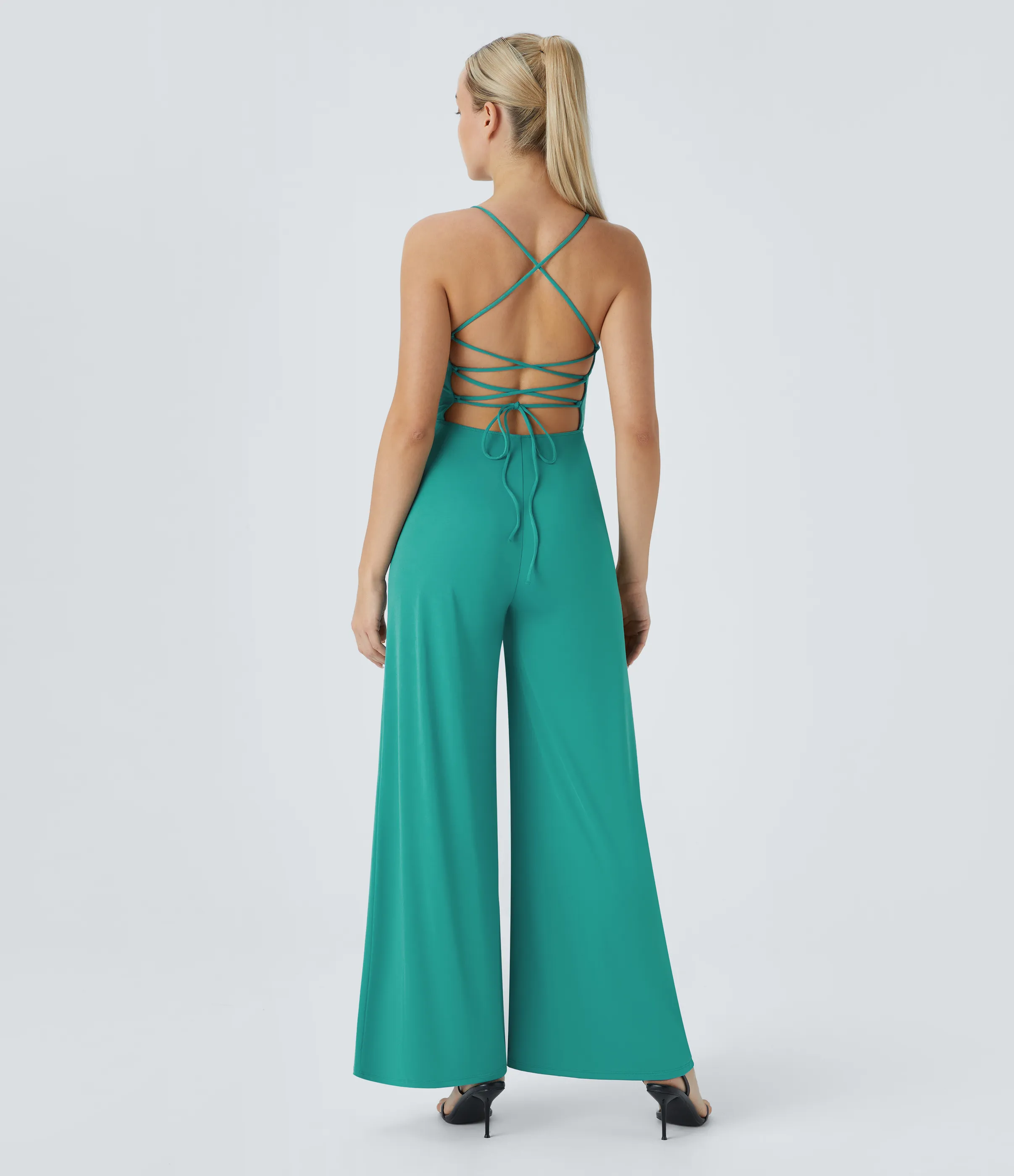 Halara Mono fiesta cuello vuelto sin espalda entrecruzado cordón dama honor invitada boda - Bright Aqua - L(regular) sold by Halara