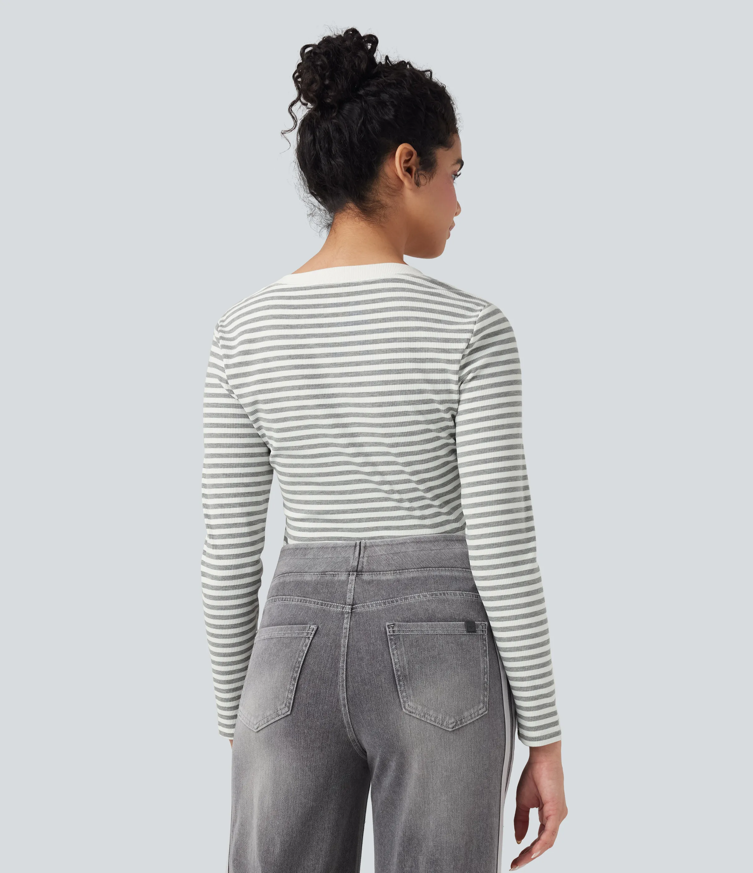 Halara Top casual de rayas de manga larga con solapas - Gray White Horizontal Stripe - L sold by Halara product image thumbnail 3