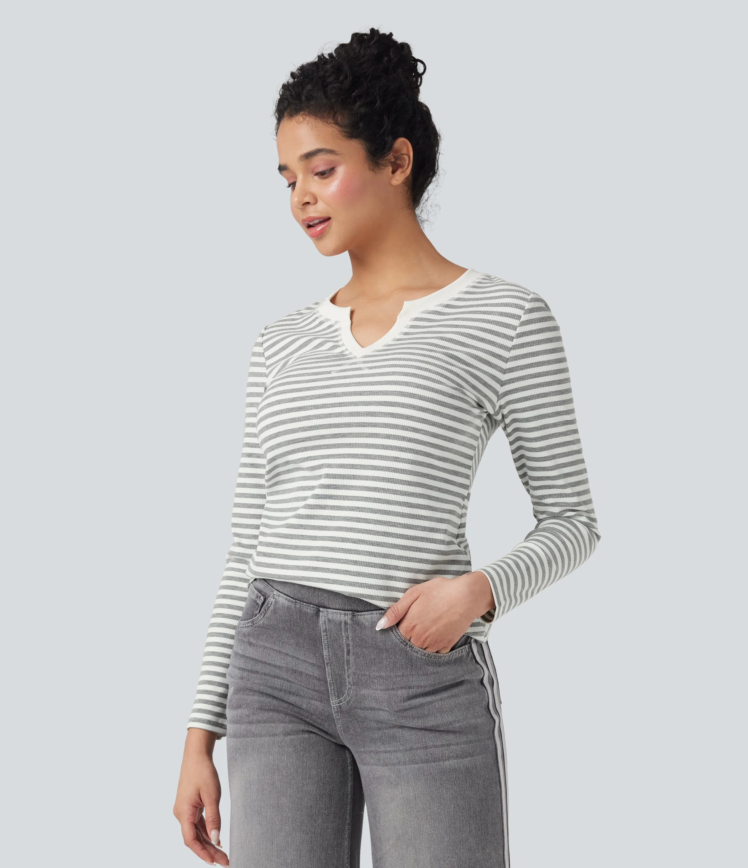 Halara Top casual de rayas de manga larga con solapas - Gray White Horizontal Stripe - L sold by Halara product image thumbnail 4