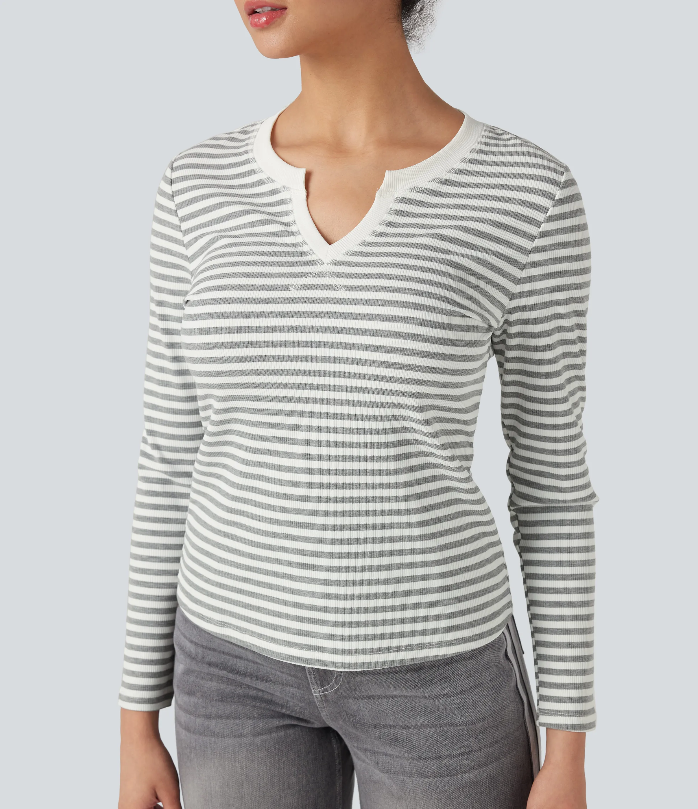 Halara Top casual de rayas de manga larga con solapas - Gray White Horizontal Stripe - L sold by Halara product image thumbnail 5