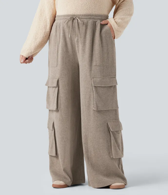 Halara Pantalones cargo casuales anchos acanalados de tiro medio con bolsillos y cordón en tallas grandes - Mocha Meringue - 1X(regular) sold by Halara