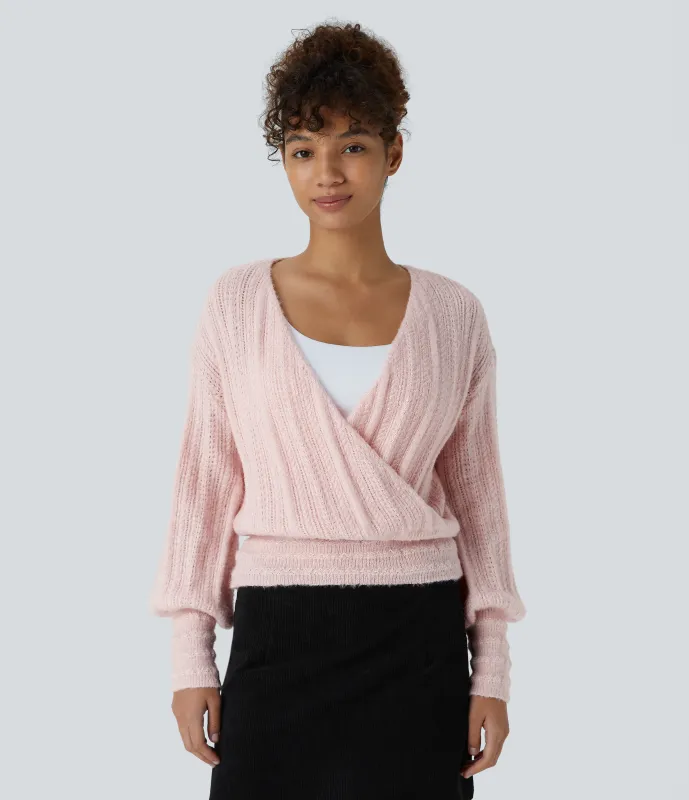 Halara Suéter oficina manga larga cuello V transparente usar delante detrás - Mauve Chalk - XS sold by Halara