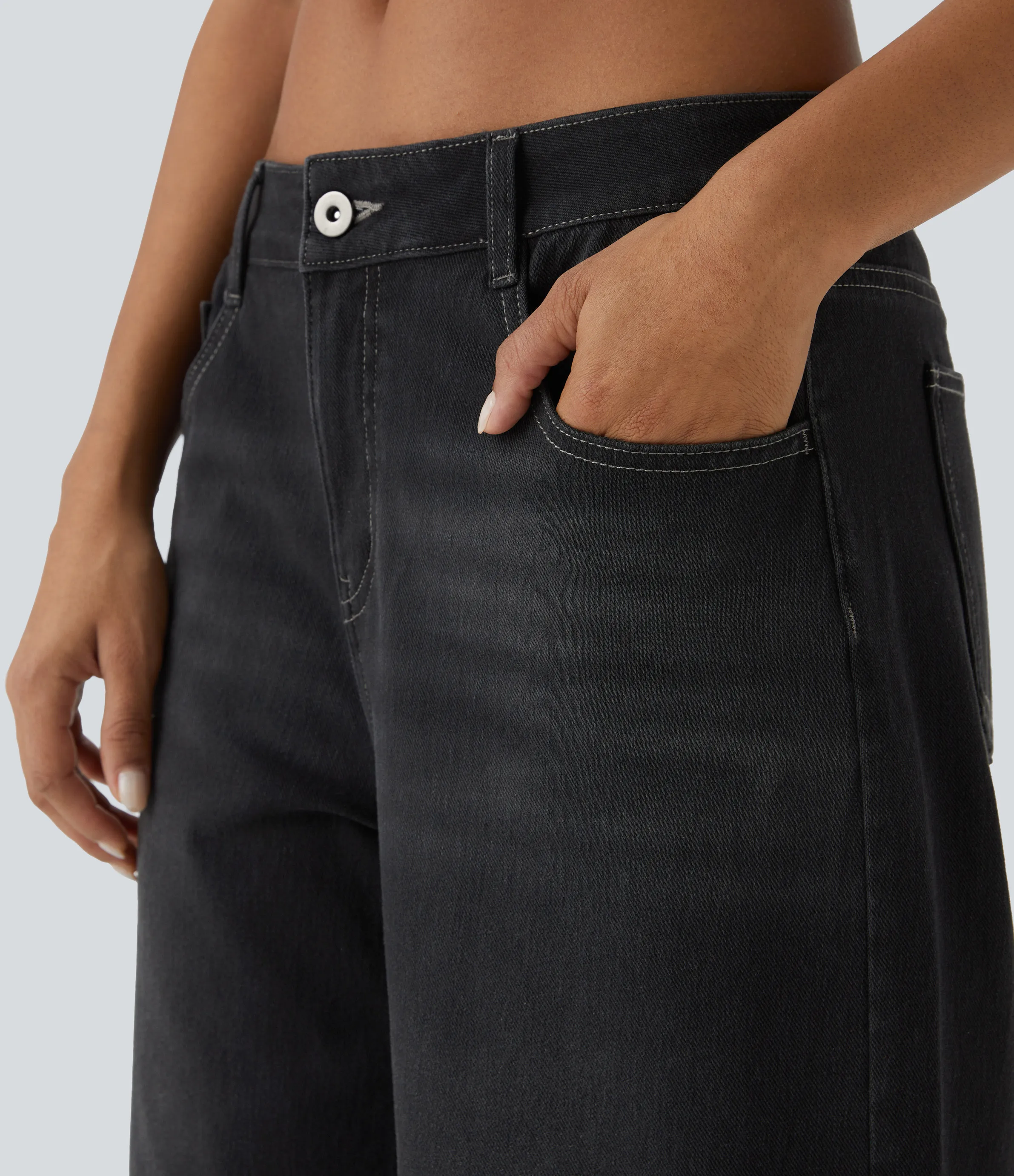 Halara Jeans Baggy Halara Flex™ Denim tiro bajo botón cremallera múltiple bolsillo elástico lavado holgado pierna ancha - Deep Ink Black Denim - L(regular) sold by Halara product image thumbnail 5