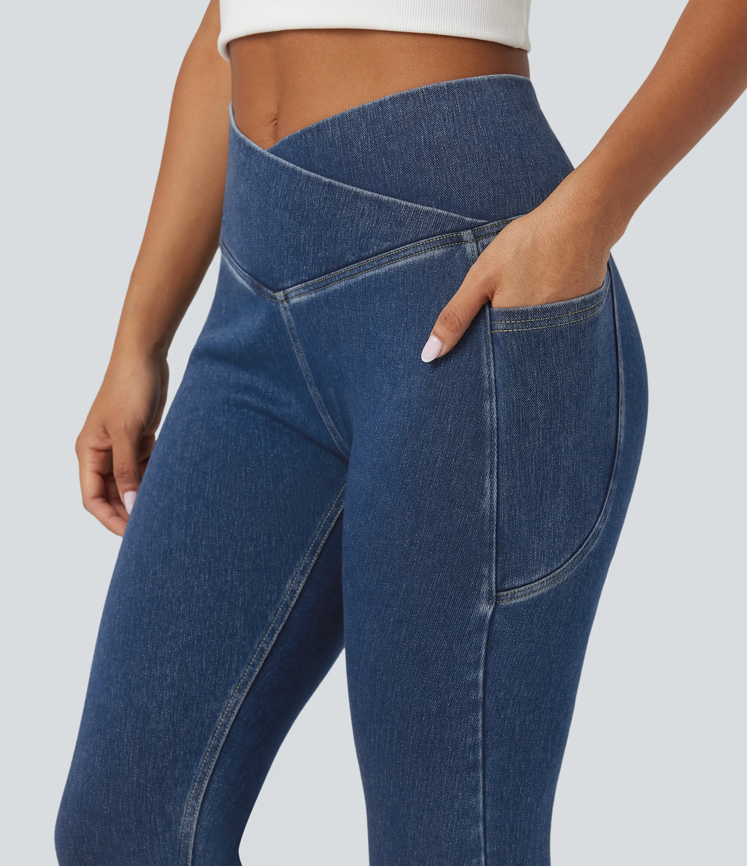 Halara Leggings Halara Flex™ Denim oficina mezclilla elástico lavado bolsillo lateral cruzado - Tide Blue Denim - XS(7/8) sold by Halara product image thumbnail 5