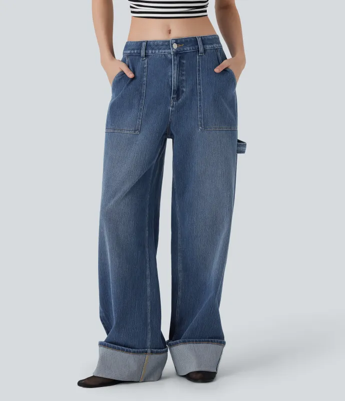 Halara Jeans holgado Baggy Halara Flex™ Denim elástico estilo desgastado con dobladillo enrollado y tiro bajo con bolsillos - Estate Blue Denim - L(regular) sold by Halara