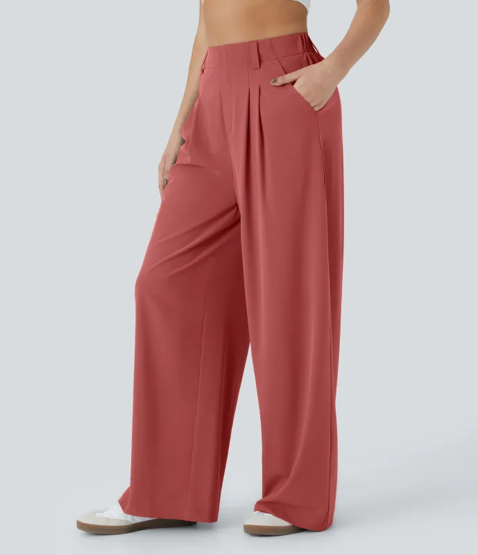 Halara Pantalones Breezeful™ secado rápido palazzo liso fluido bolsillo lateral plisado pierna ancha - Kapok Red - XL(regular) sold by Halara