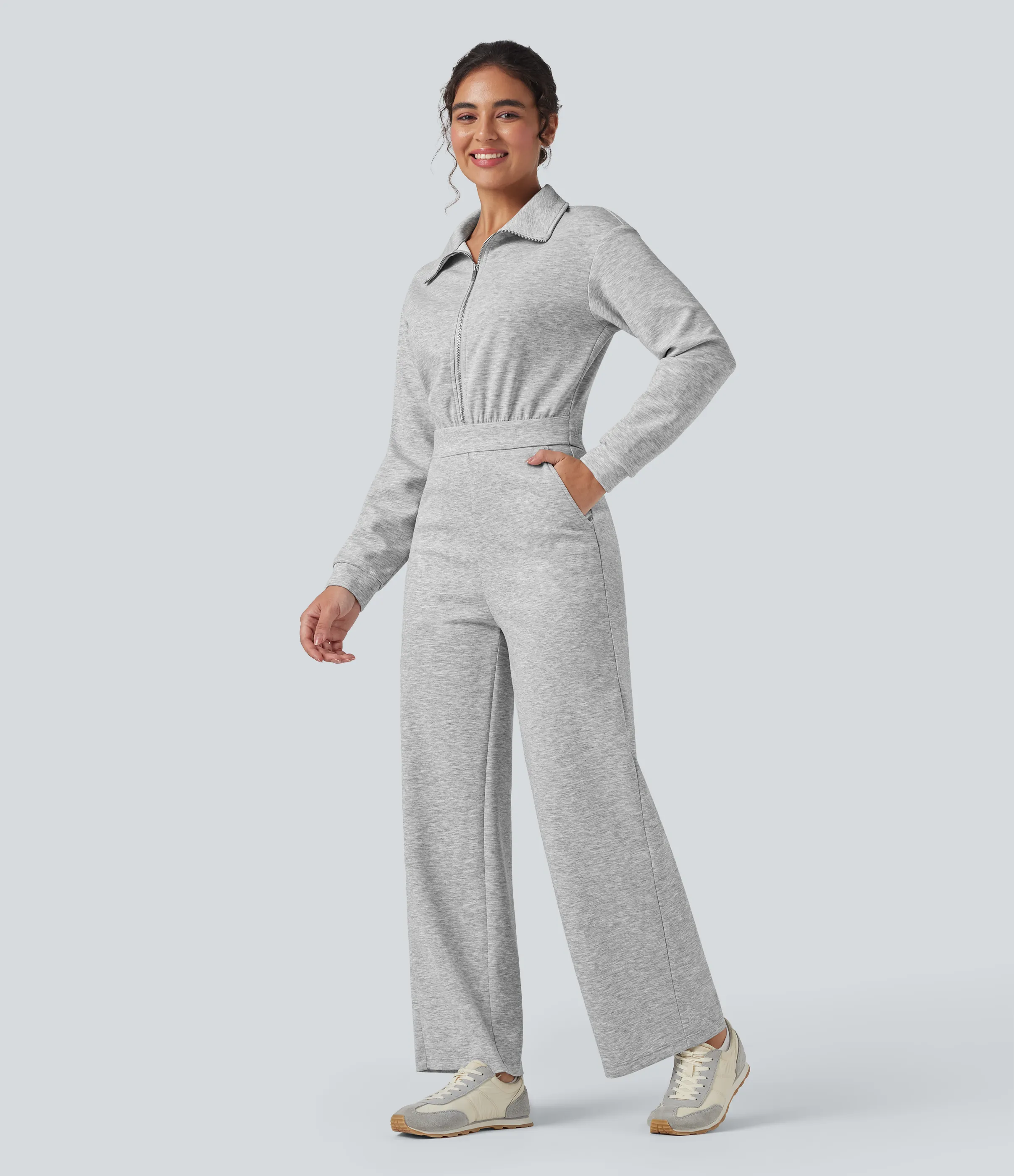 Halara Jumpsuit casual de manga larga con solapa y cremallera y bolsillos - Easy Peezy - Fog Gray - M(regular) sold by Halara product image thumbnail 4