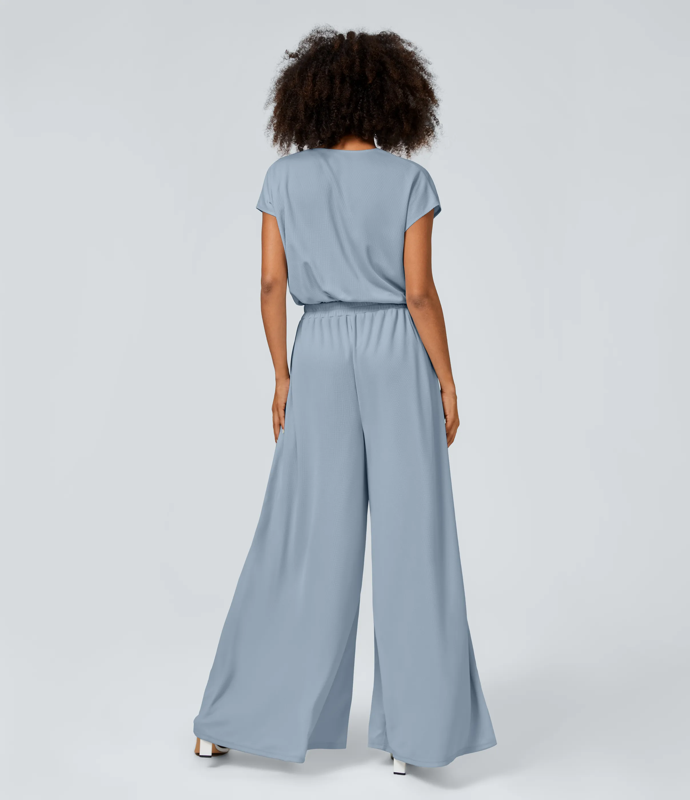 Halara Mono cuello V manga corta bolsillo lateral plisado pierna ancha - Quiet Blue - L(regular) sold by Halara product image thumbnail 3