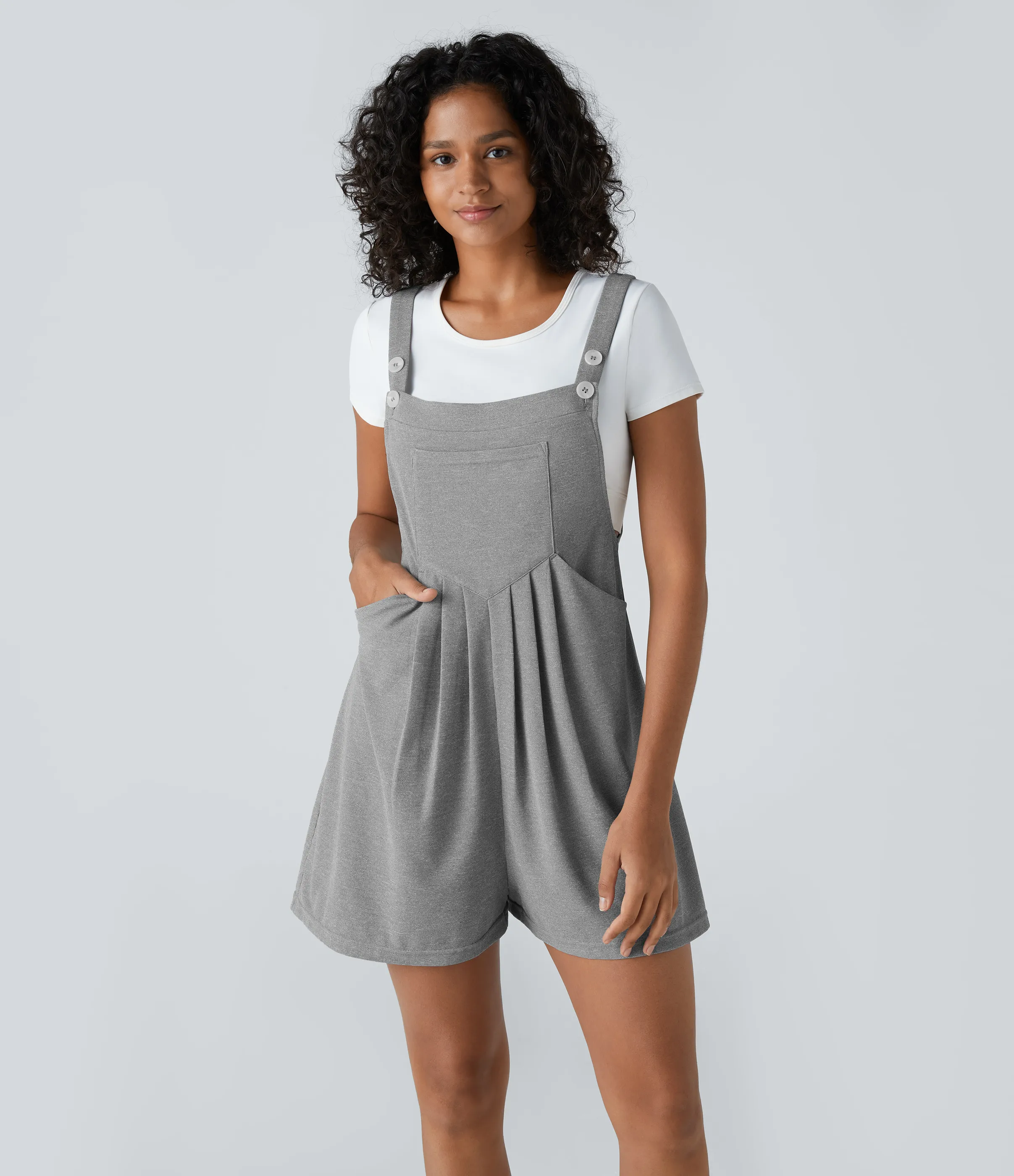 Halara Overol botón correa ajustable bolsillo múltiple gofre plisado - Waffle Gray - XS sold by Halara product image thumbnail 2