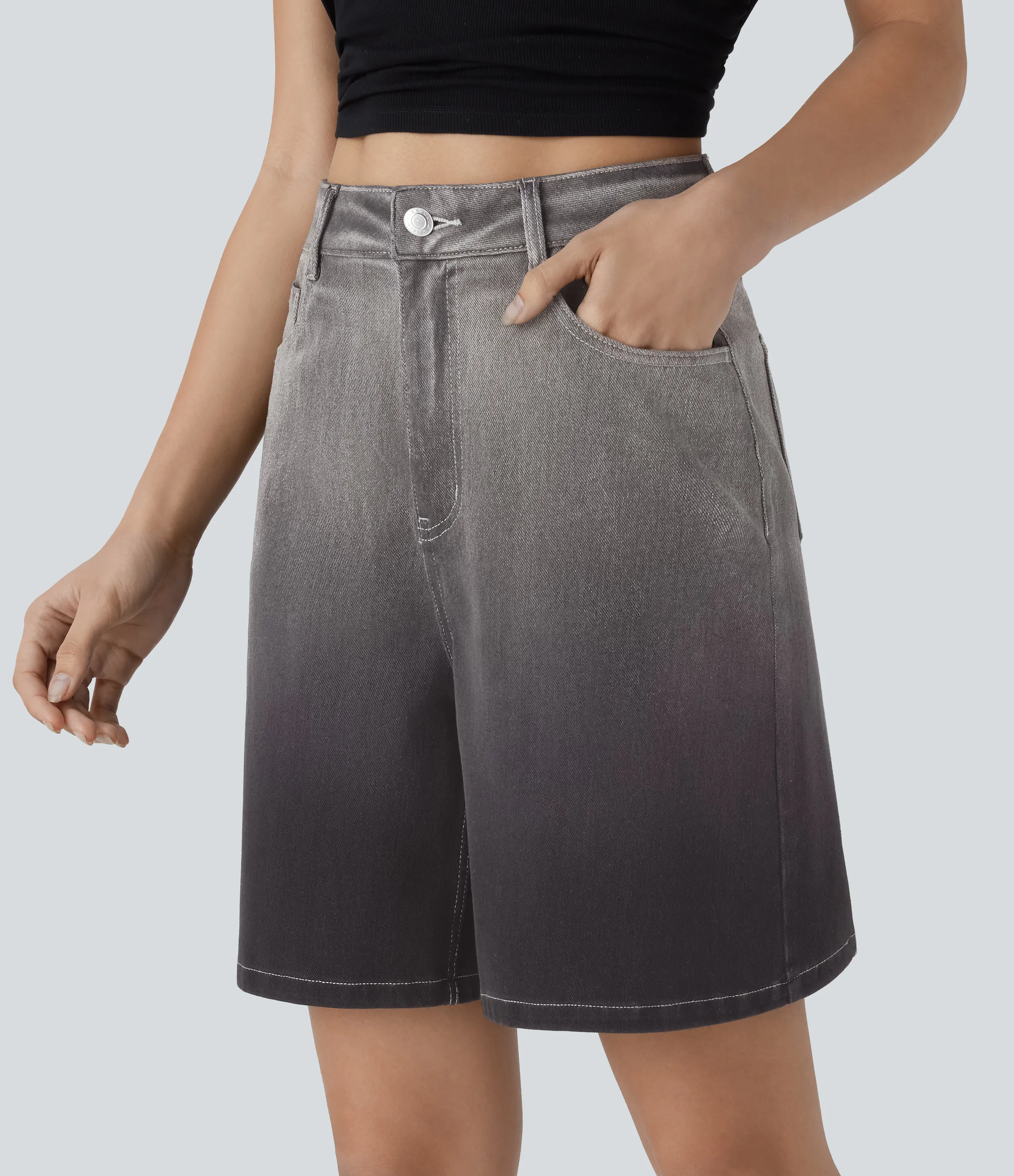 Halara Bermuda Halara Flex™ Denim mezclilla elástica degradado múltiple bolsillo botón tiro alto 17.5cm - Light Jet Black Denim - M(regular) sold by Halara product image thumbnail 4