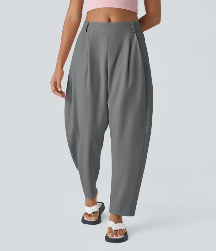 Halara Pantalón oficina pierna barril bolsillo lateral plisado tiro medio - Poppy Seed - L(regular) sold by Halara