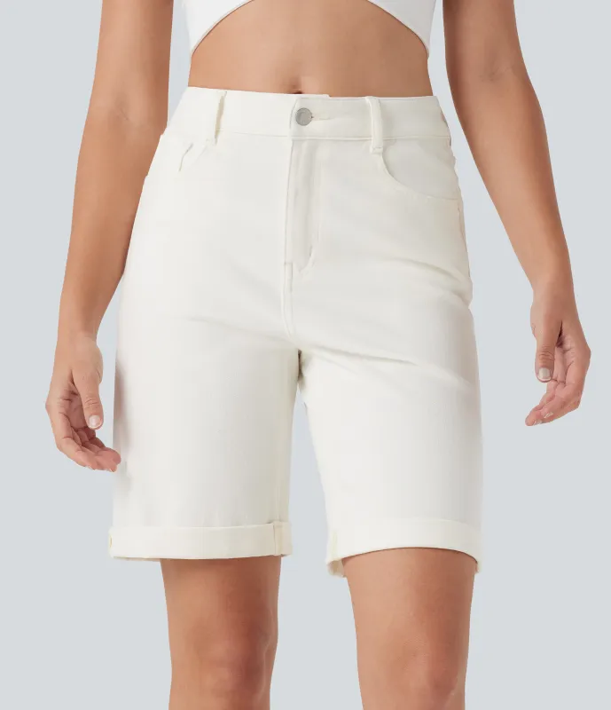 Halara Bermudas Halara Flex™ Denim mezclilla elástico lavado dobladillo enrollado múltiple bolsillo tiro alto - Bright White Denim - S(regular) sold by Halara