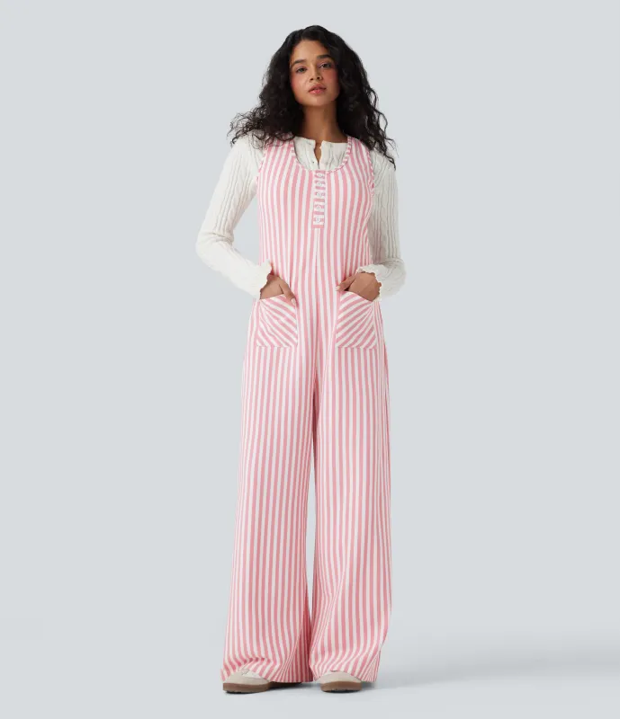 Halara Jumpsuit casual a rayas sin mangas con cuello en U y bolsillos - Pink Stripe - XL(regular) sold by Halara