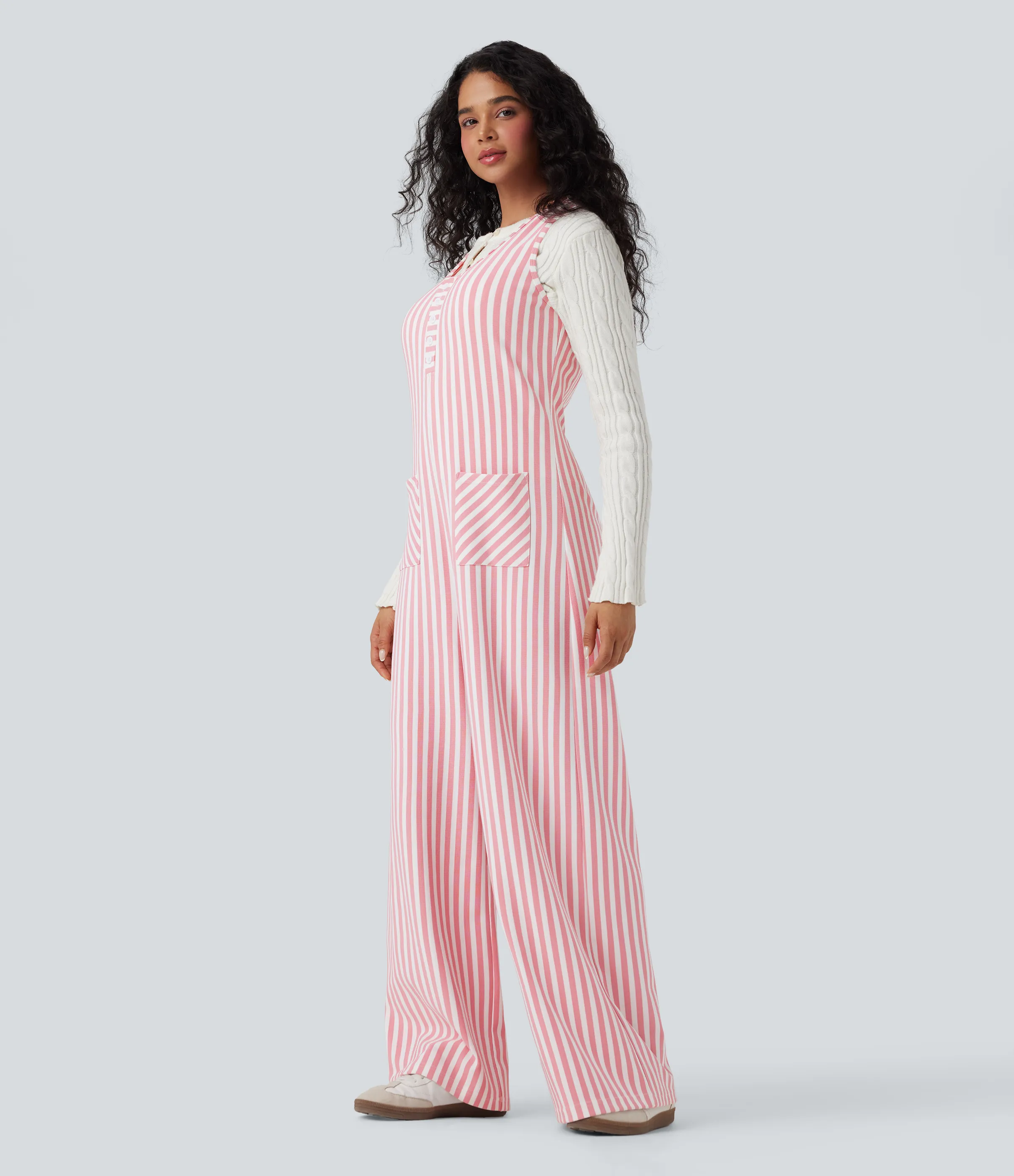 Halara Jumpsuit casual a rayas sin mangas con cuello en U y bolsillos - Pink Stripe - XL(regular) sold by Halara product image thumbnail 4