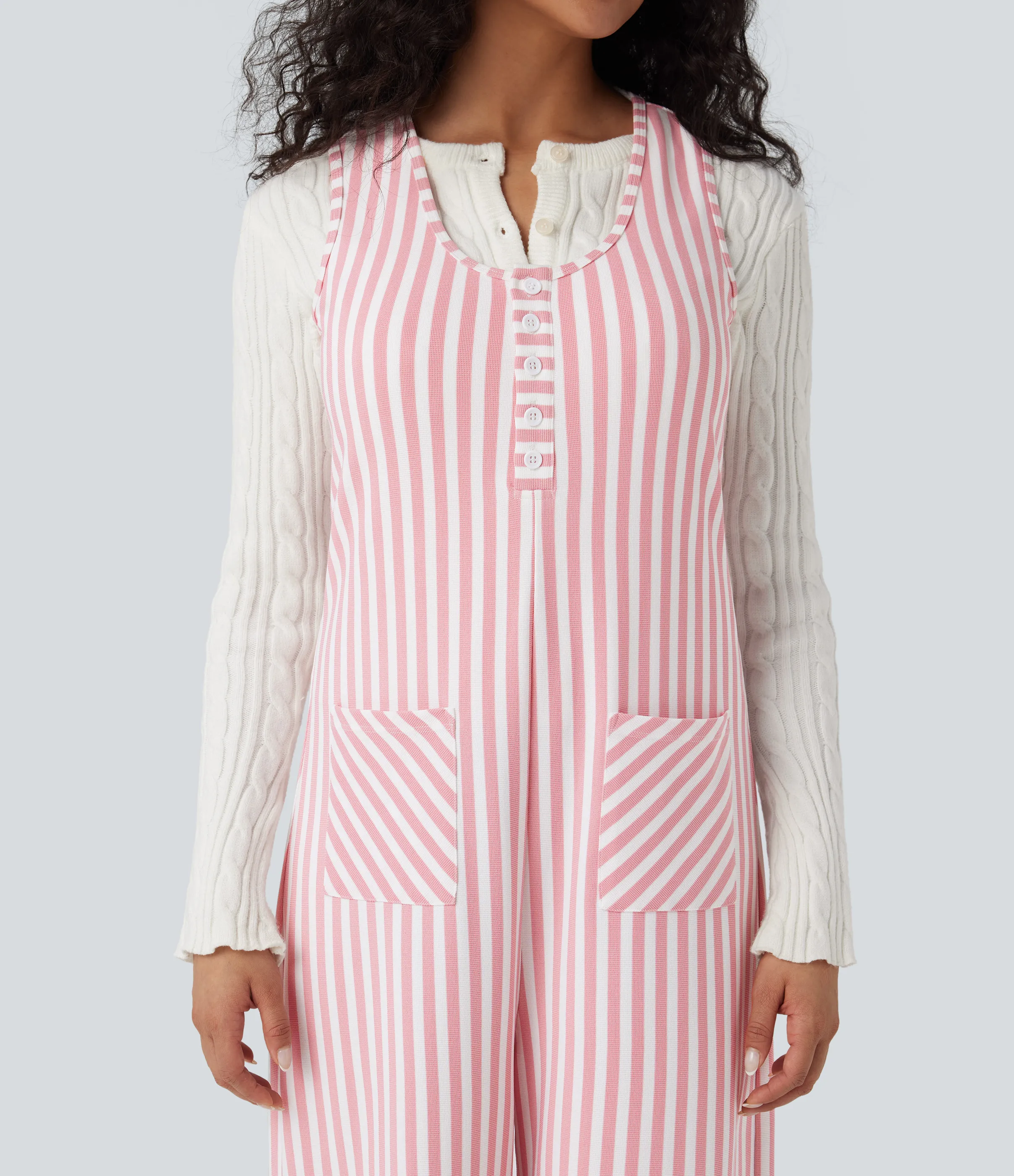 Halara Jumpsuit casual a rayas sin mangas con cuello en U y bolsillos - Pink Stripe - XL(regular) sold by Halara product image thumbnail 5