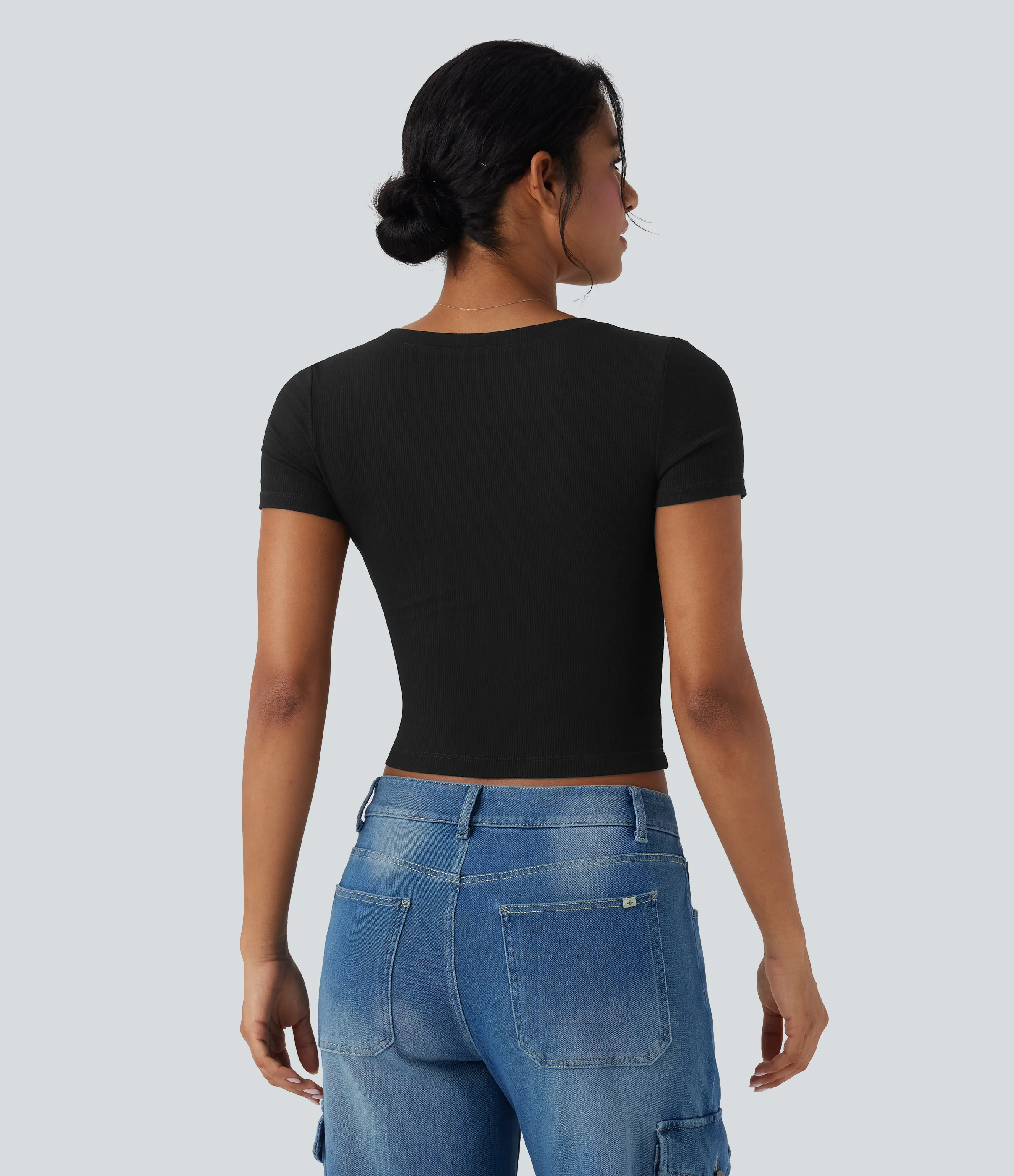 Halara Camiseta de oficina corta de manga corta con cuello en V y punto acanalado - Black - XL sold by Halara product image thumbnail 3