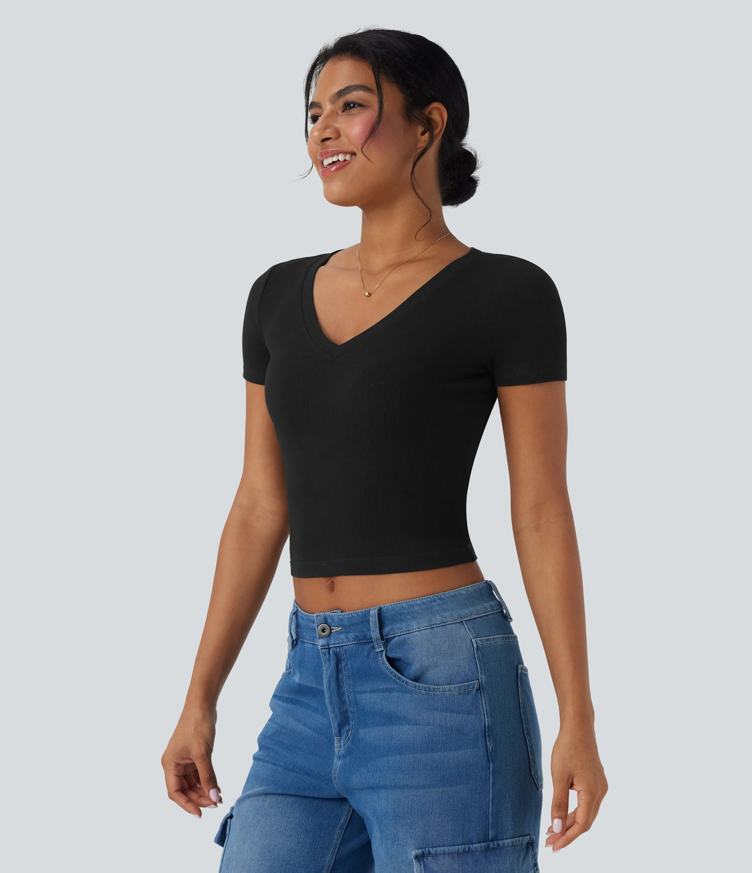 Halara Camiseta de oficina corta de manga corta con cuello en V y punto acanalado - Black - XL sold by Halara product image thumbnail 4