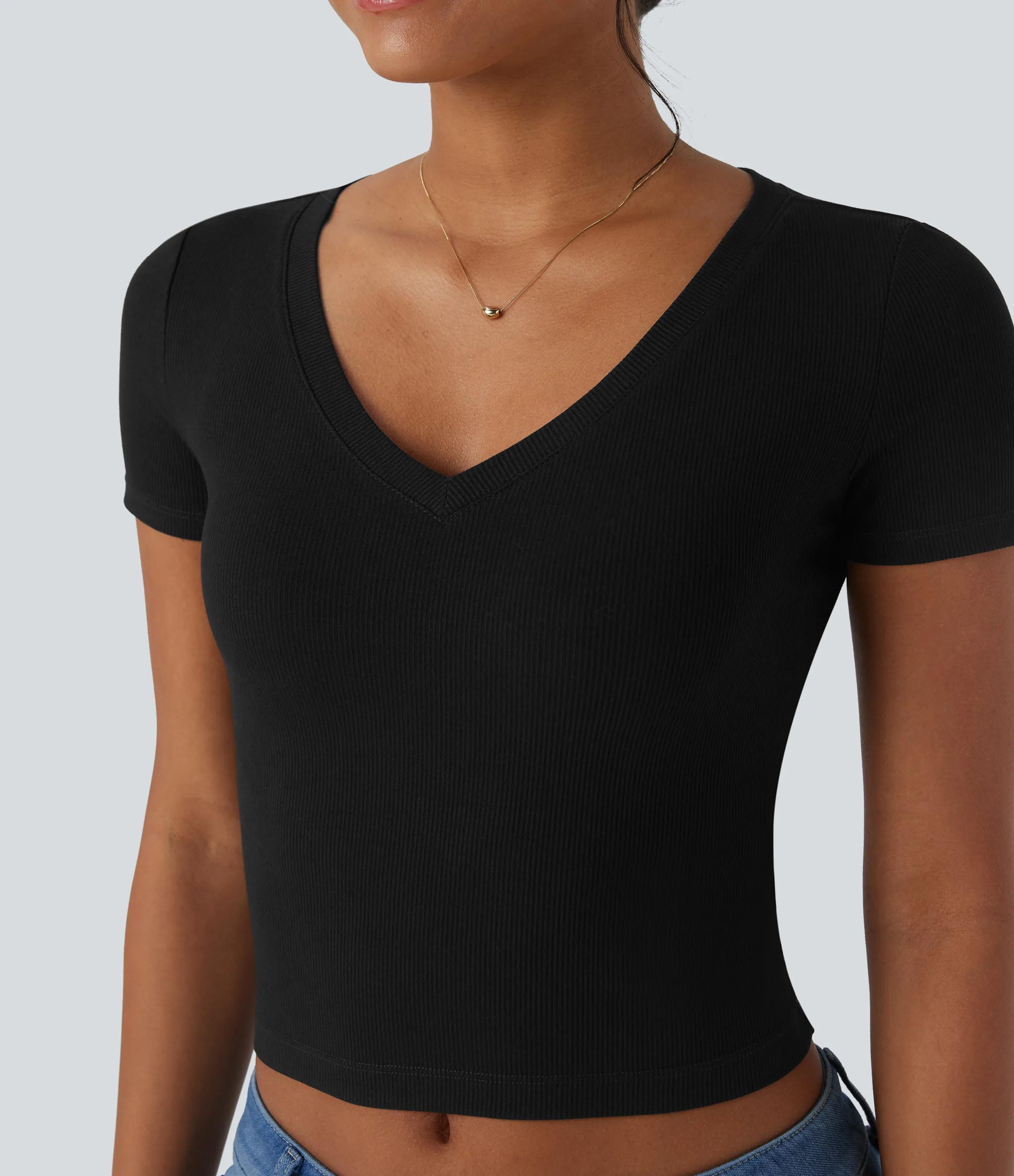 Halara Camiseta de oficina corta de manga corta con cuello en V y punto acanalado - Black - XL sold by Halara product image thumbnail 5