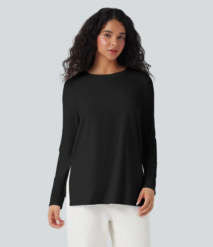 Halara Camiseta casual de punto acanalado con manga larga y dobladillo dividido - Black - L sold by Halara