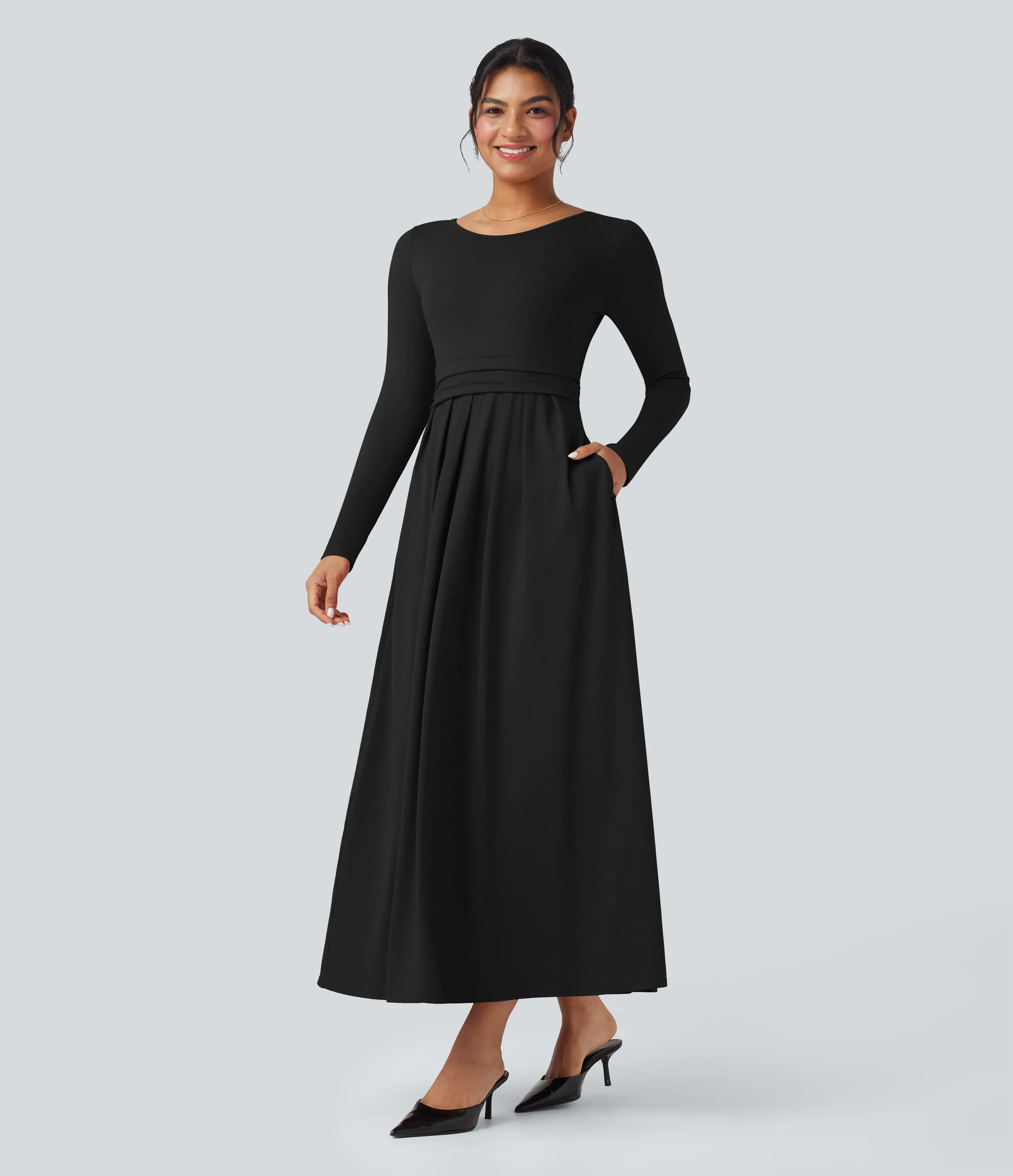 Halara Vestido largo maxi casual de manga larga y cuello redondo con bolsillos - Black - XS sold by Halara product image thumbnail 2